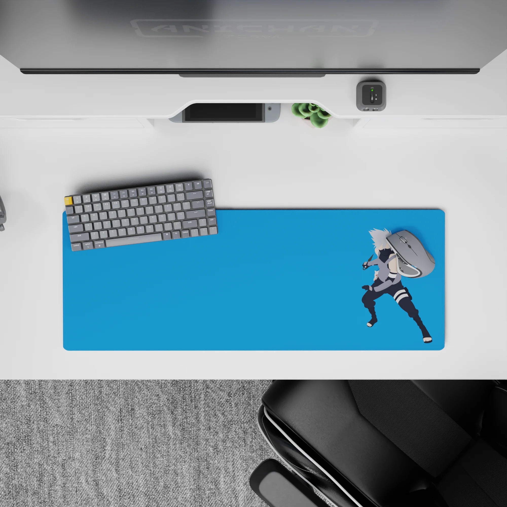 32x12 inches extended mouse pad in calming sky-blue tones, silver hair and dark mask contrast, smooth feel.