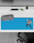 32x12 inches extended mouse pad in calming sky-blue tones, silver hair and dark mask contrast, smooth feel.