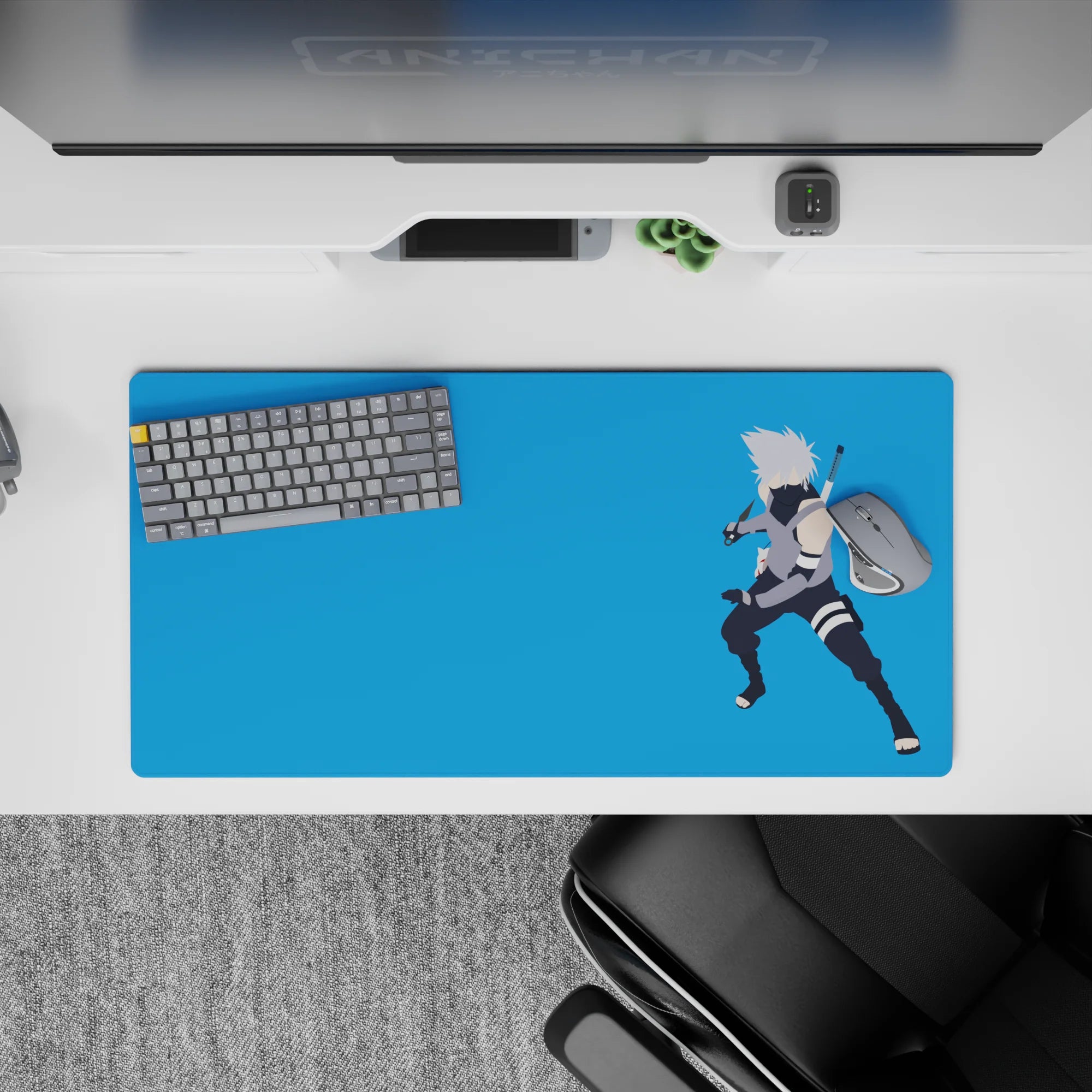 Calming sky-blue Naruto desk mat with silver hair and dark mask contrast, 32x16 inches.