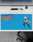 Calming sky-blue Naruto desk mat with silver hair and dark mask contrast, 32x16 inches.