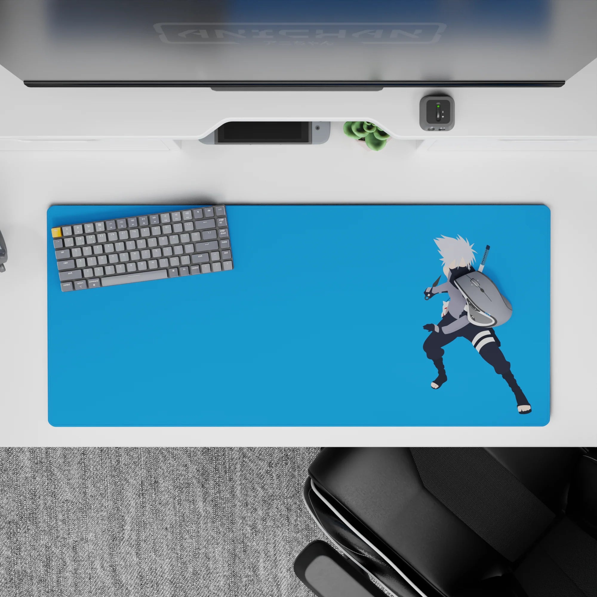 36x16 inches anime mouse pad in calming sky-blue tones, silver hair contrast, sleek minimalist shapes.