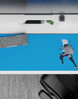 36x16 inches anime mouse pad in calming sky-blue tones, silver hair contrast, sleek minimalist shapes.