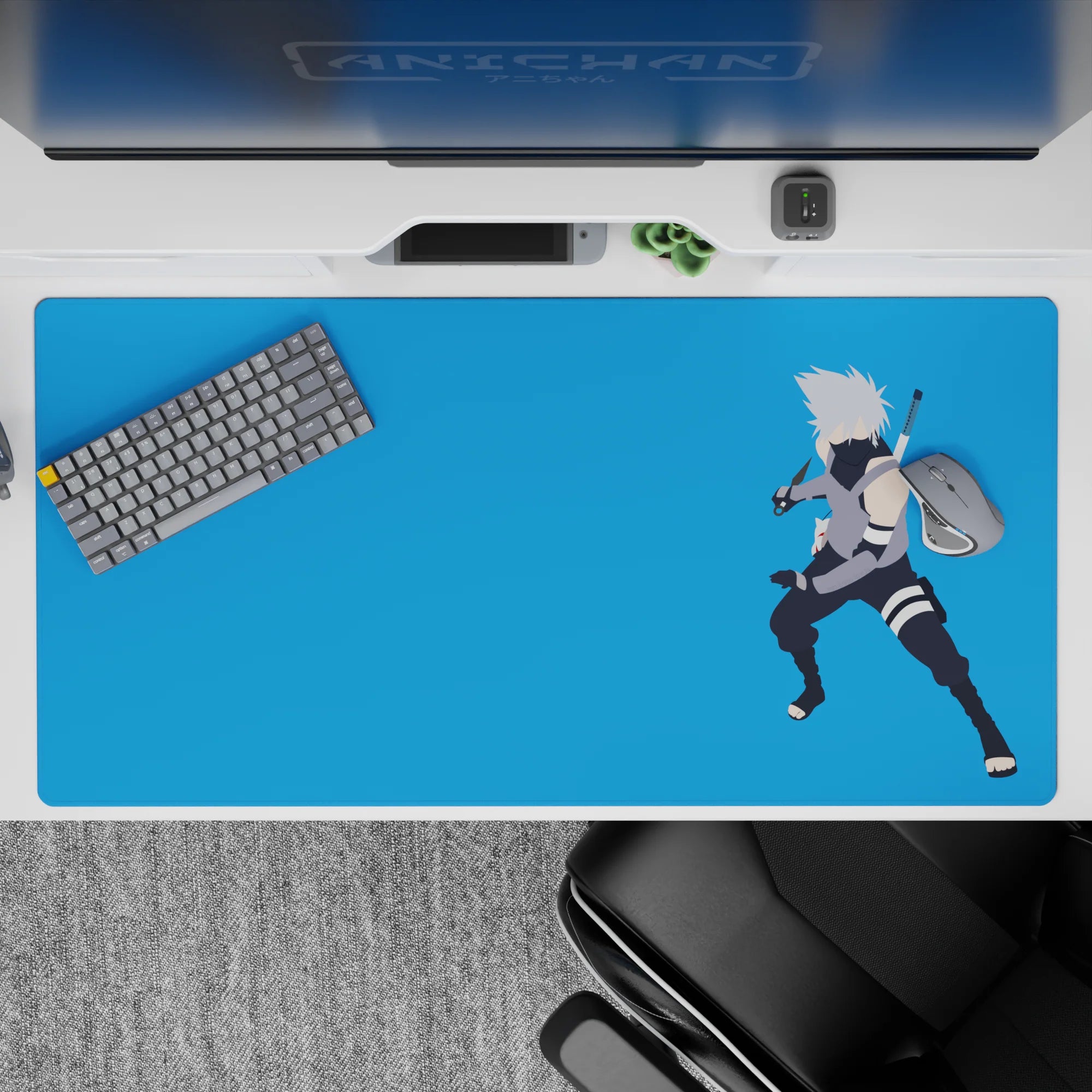 Calming sky-blue anime desk pad 40x20 inches with silver hair contrast, crisp minimalist vibe.