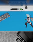 Calming sky-blue anime desk pad 40x20 inches with silver hair contrast, crisp minimalist vibe.