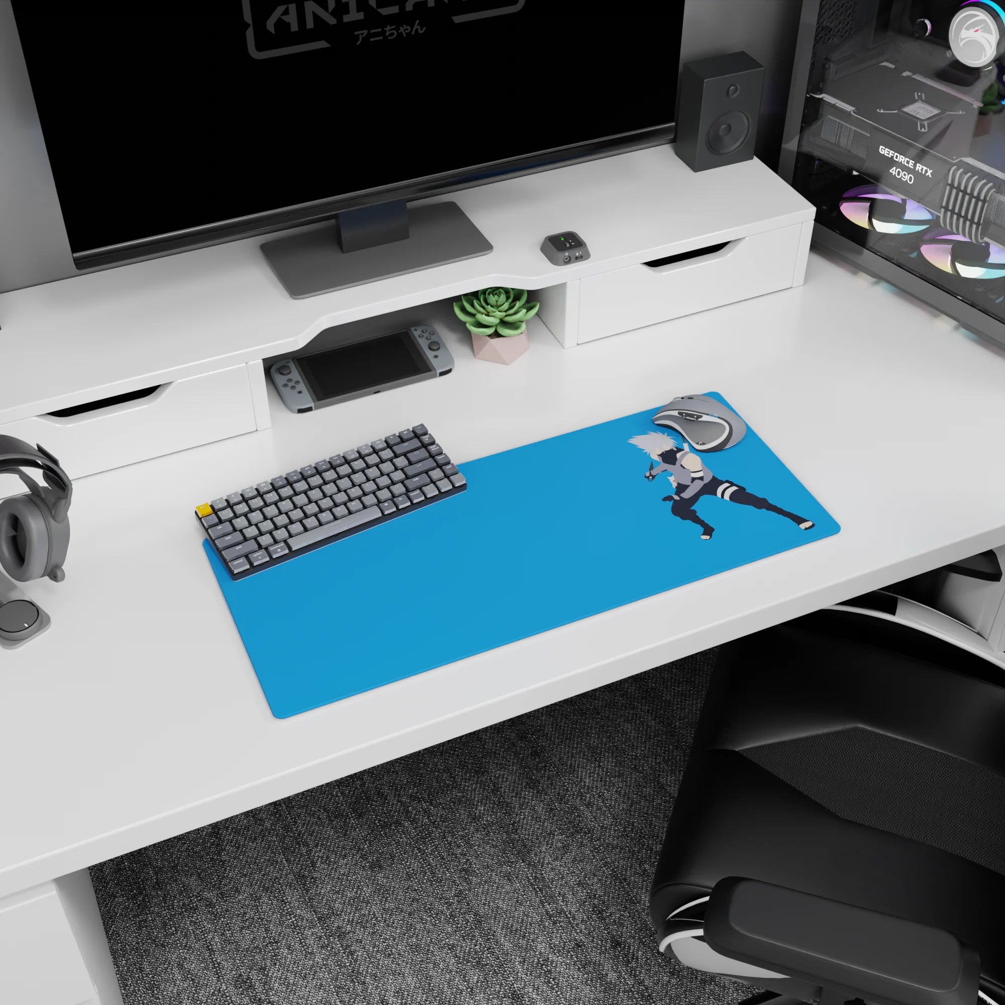 28x12 inches Naruto mouse pad featuring Kakashi Hatake at the desk, Sharingan vibes, kunai ready on blue.
