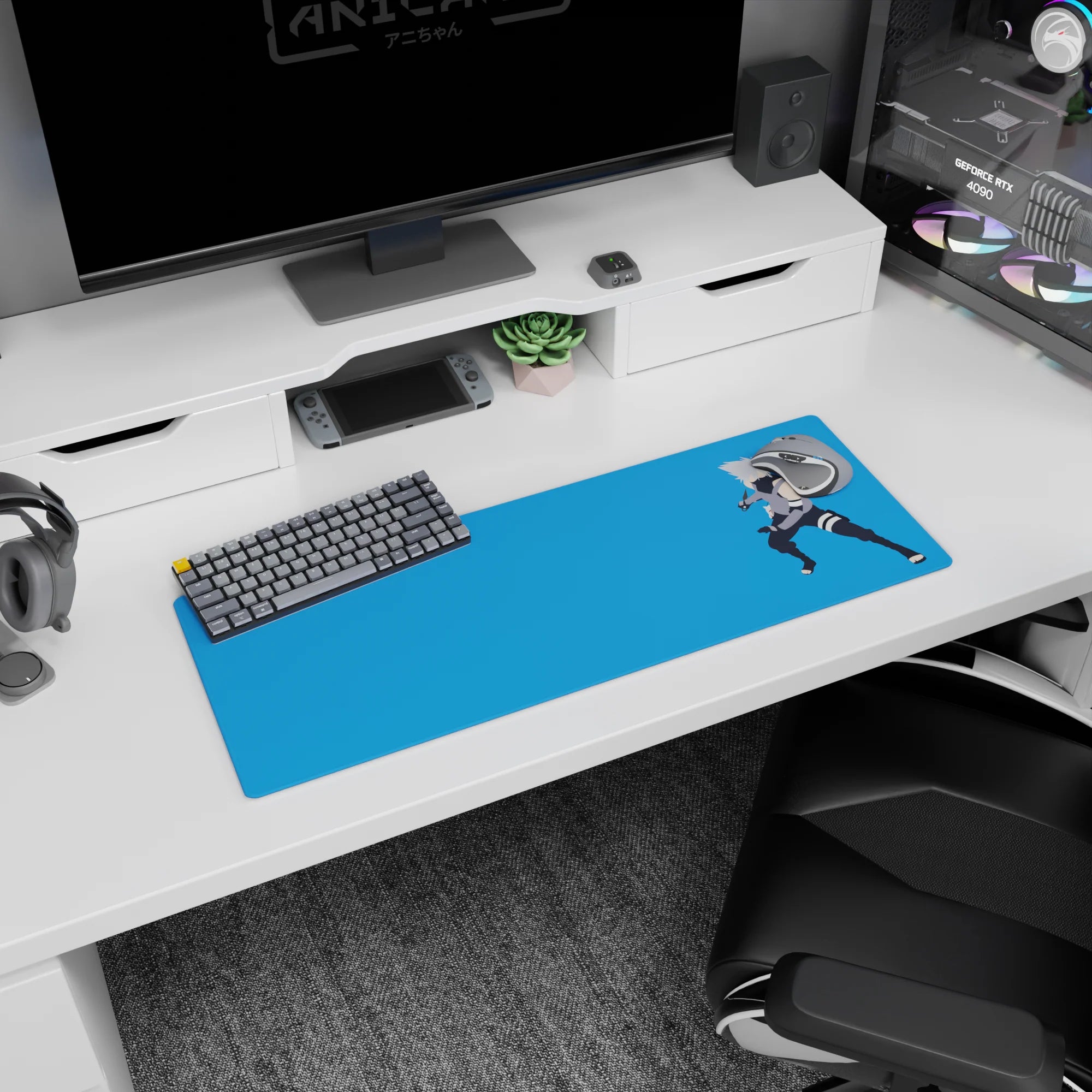 32x12 inches Naruto mouse pad showing Kakashi Hatake with Sharingan vibes, kunai in hand over blue.