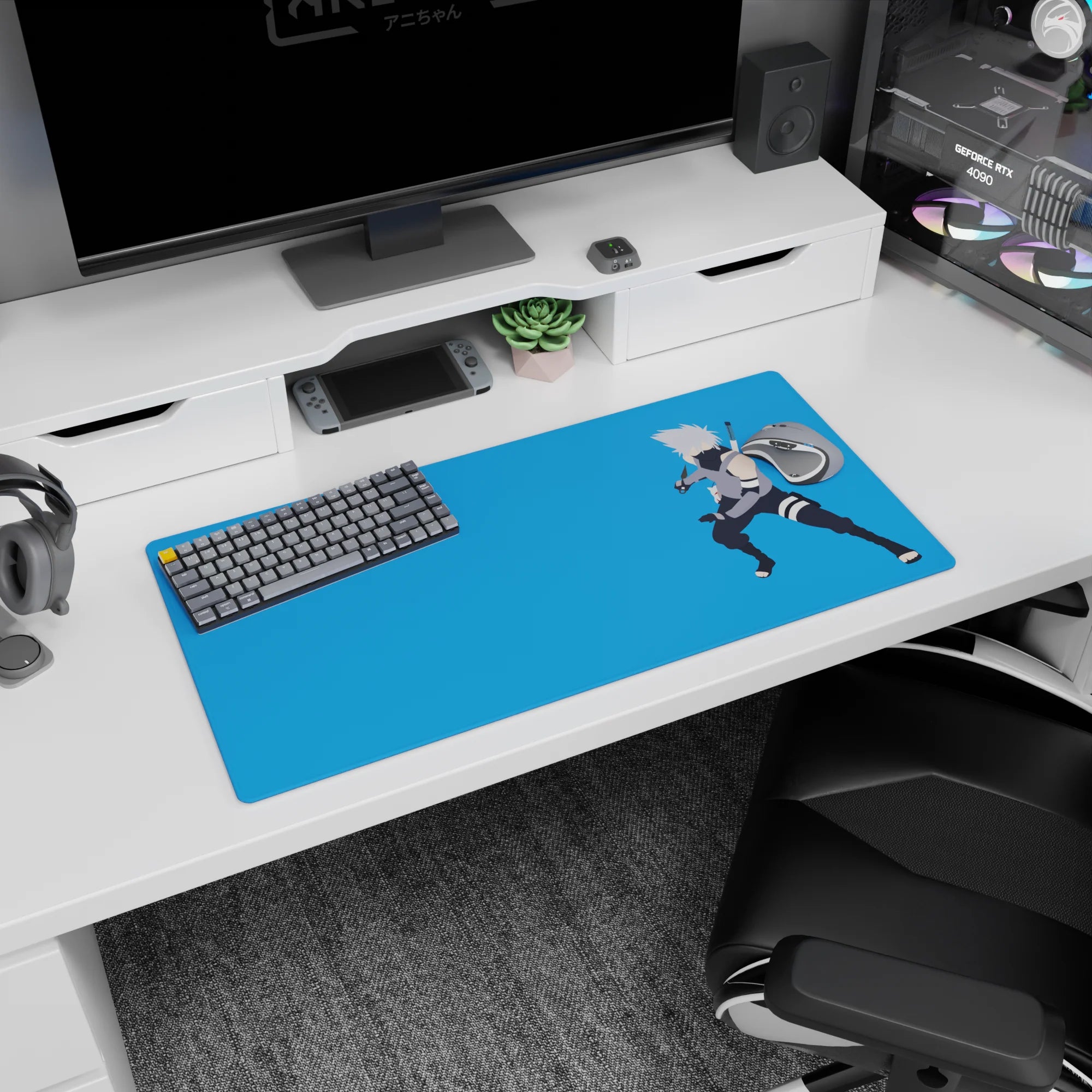 Kakashi Hatake with kunai and Sharingan vibe on a clean blue backdrop mouse pad, 32x16 inches.