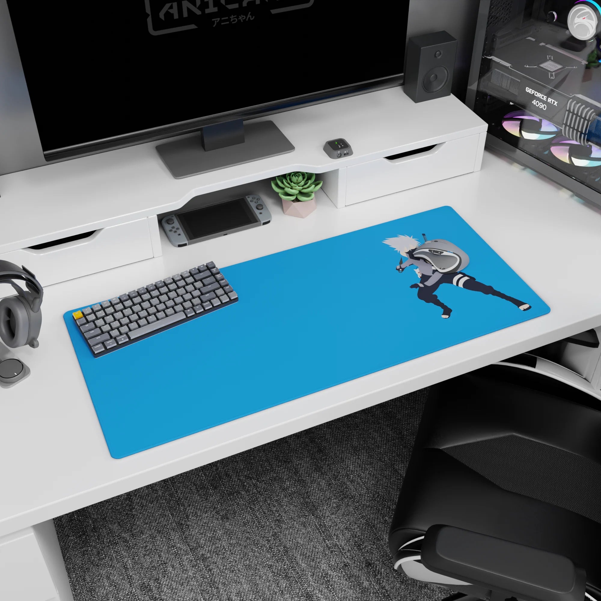 36x16 inches Naruto desk pad featuring Kakashi Hatake, masked with kunai and Sharingan vibes.
