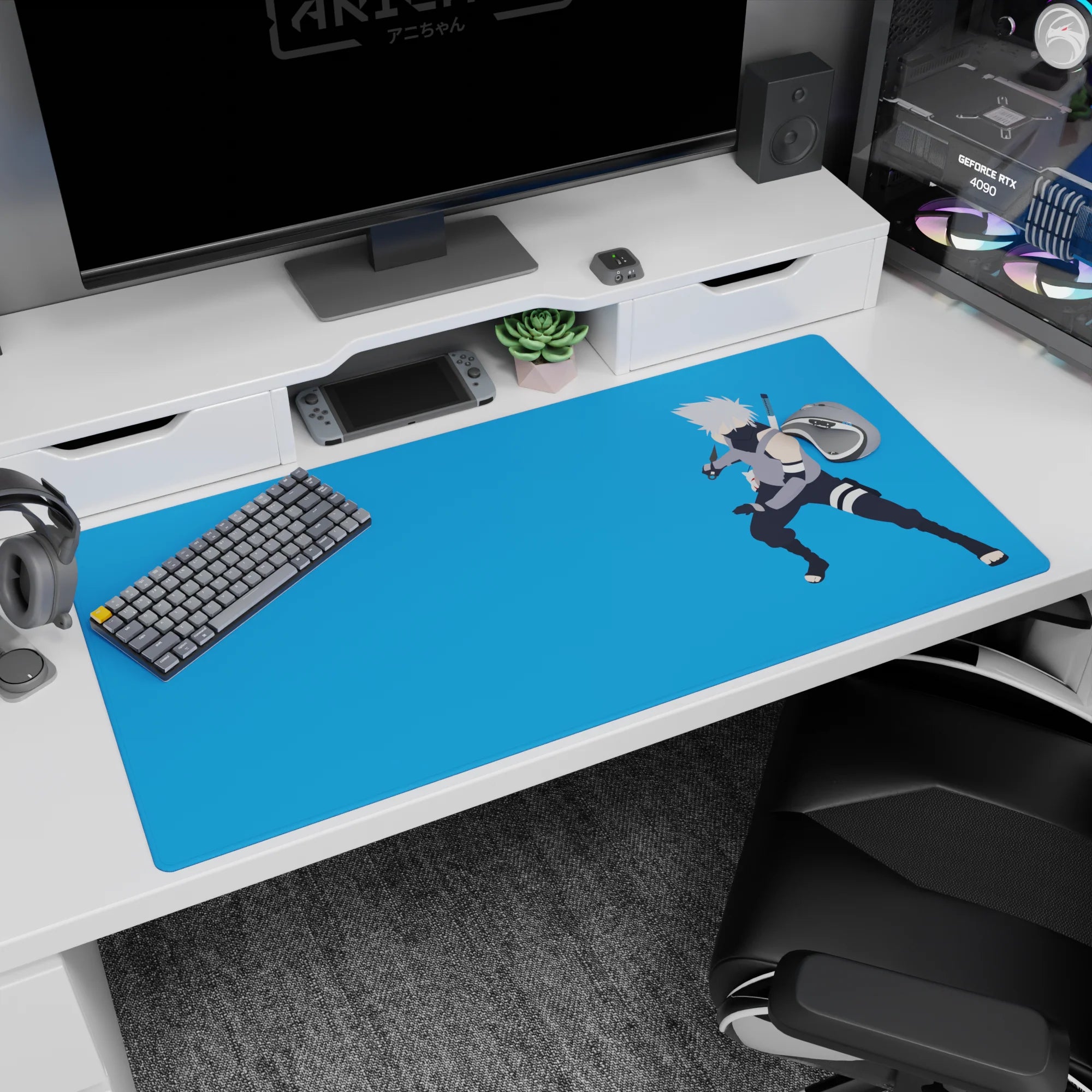 Kakashi Hatake Naruto desk pad 40x20 inches, kunai ready, Sharingan look on blue background.
