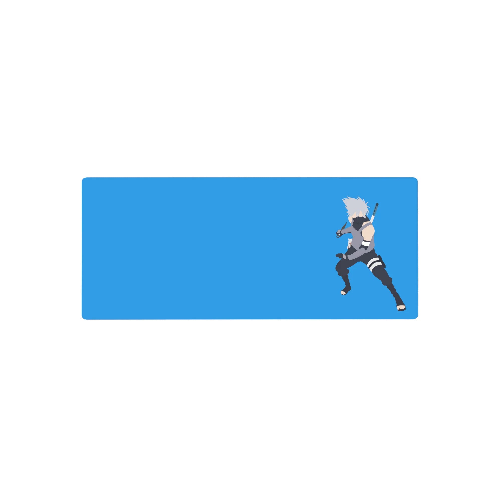 28x12 inches anime mouse pad with minimalist Kakashi Hatake design, kunai pose, clean sky-blue background.