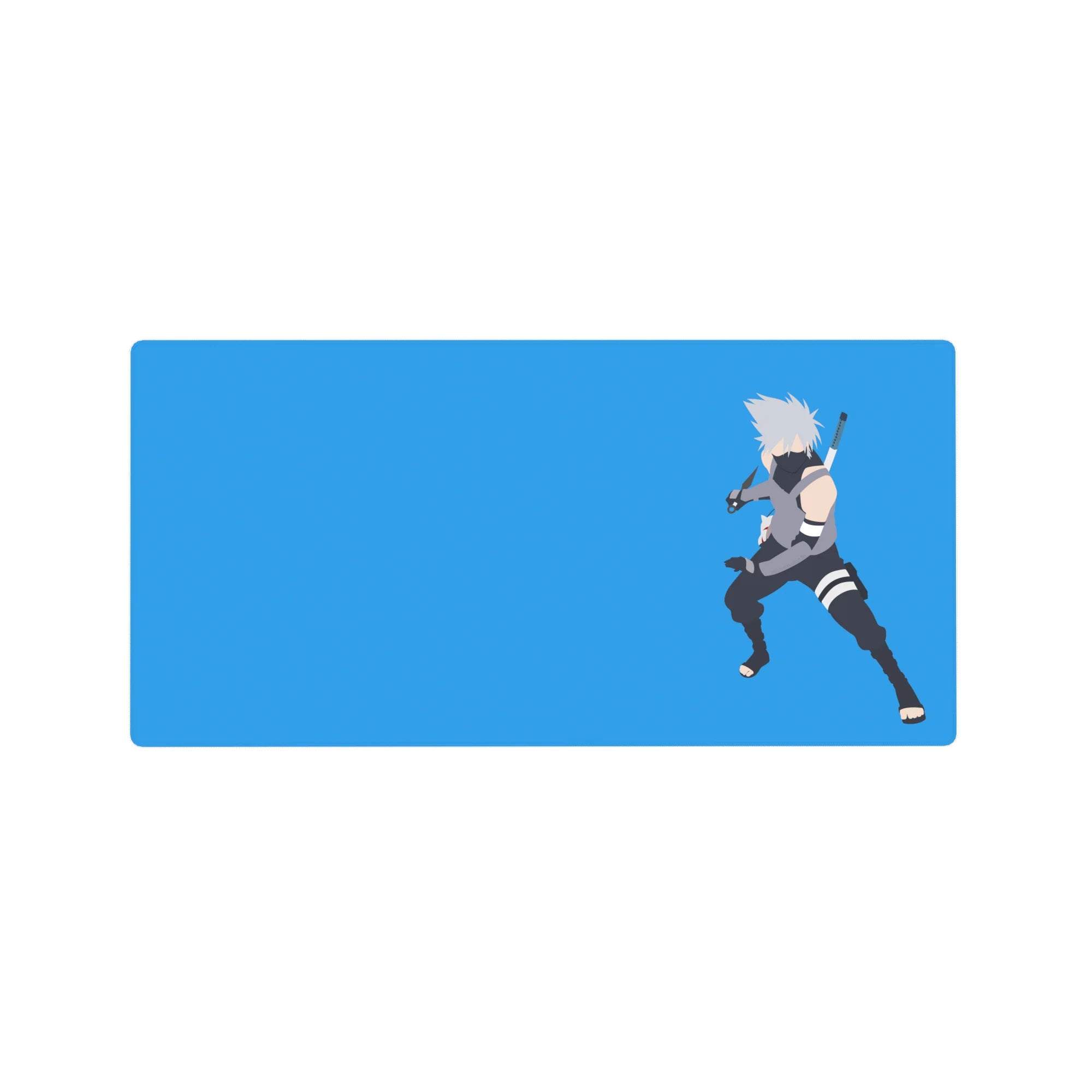 Minimalist Kakashi anime mouse pad with sky-blue background and sharp shapes, 32x16 inches.