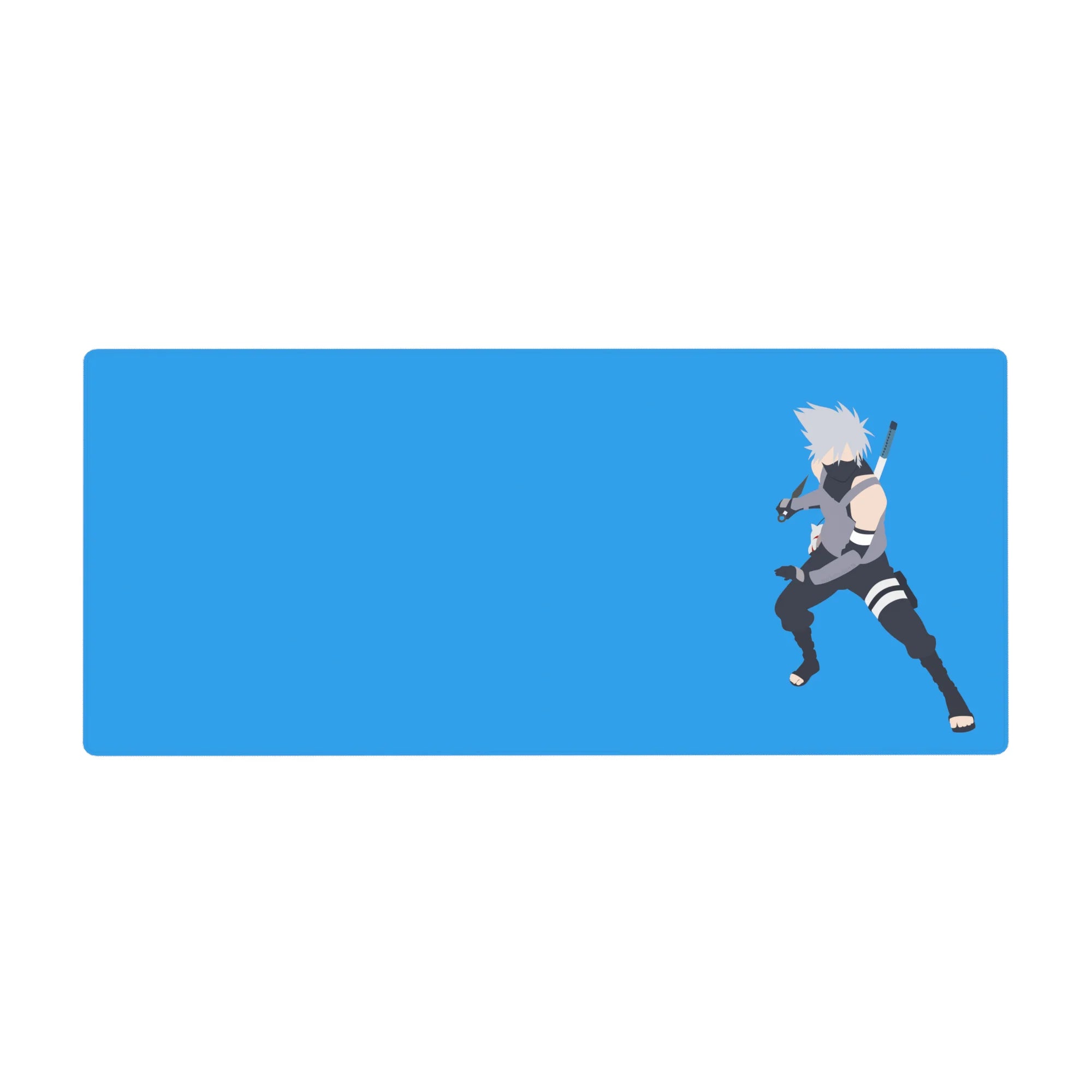 36x16 inches anime desk pad with minimalist Kakashi Hatake on sky-blue background, crisp clean style.