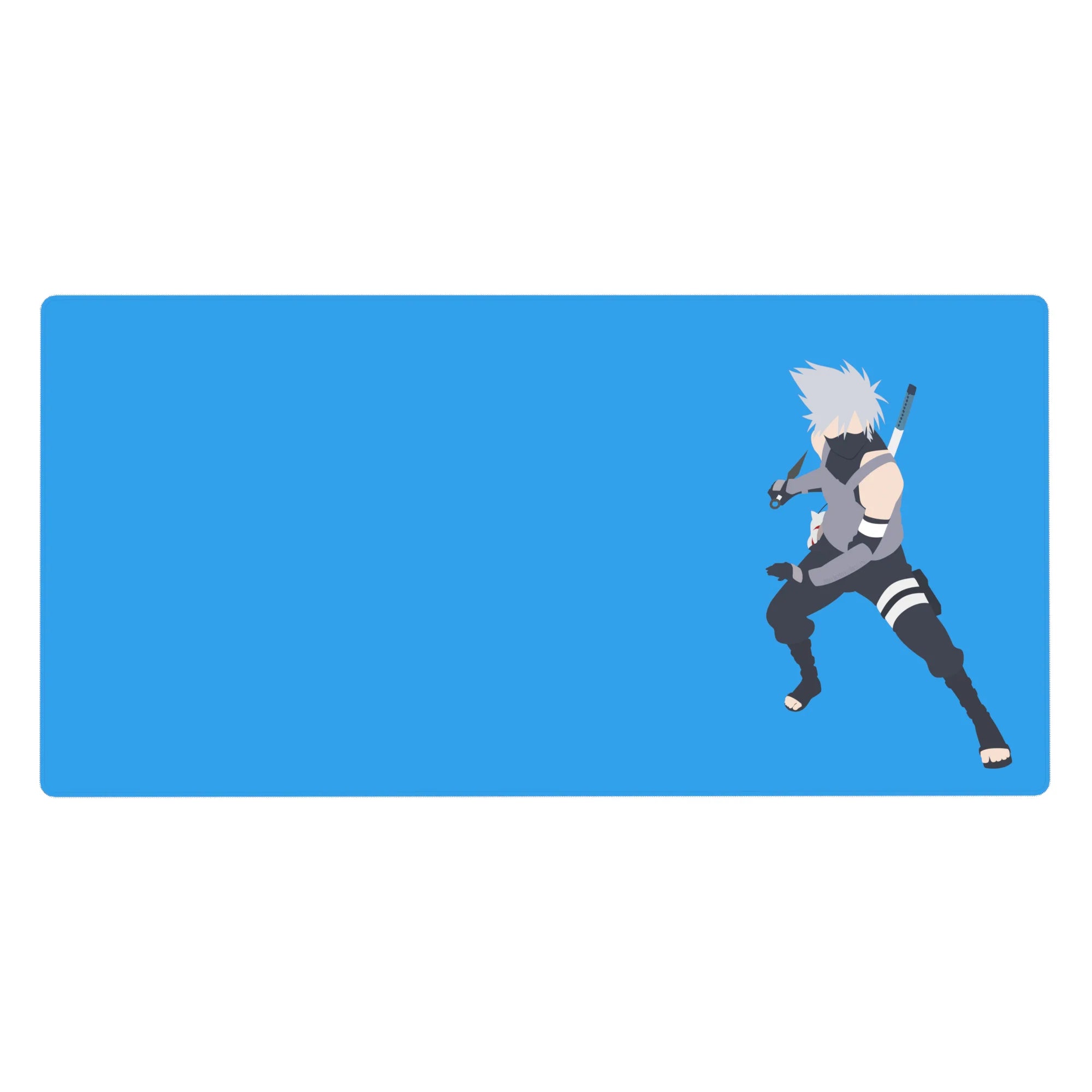 Minimalist anime desk pad 40x20 inches with masked ninja on sky-blue backdrop, clean sharp shapes.