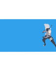 Minimalist anime desk pad 40x20 inches with masked ninja on sky-blue backdrop, clean sharp shapes.