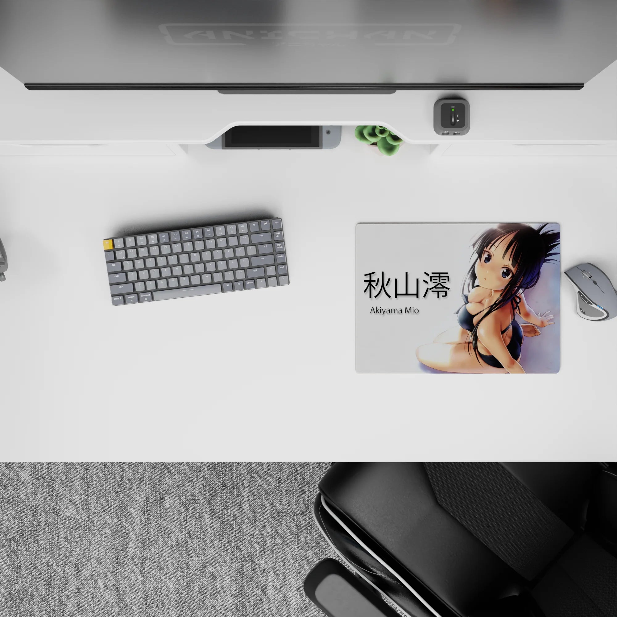 Sexy-cute anime mouse pad 14x10 inches with glossy black, soft skin highlights, clean white minimalist vibe.