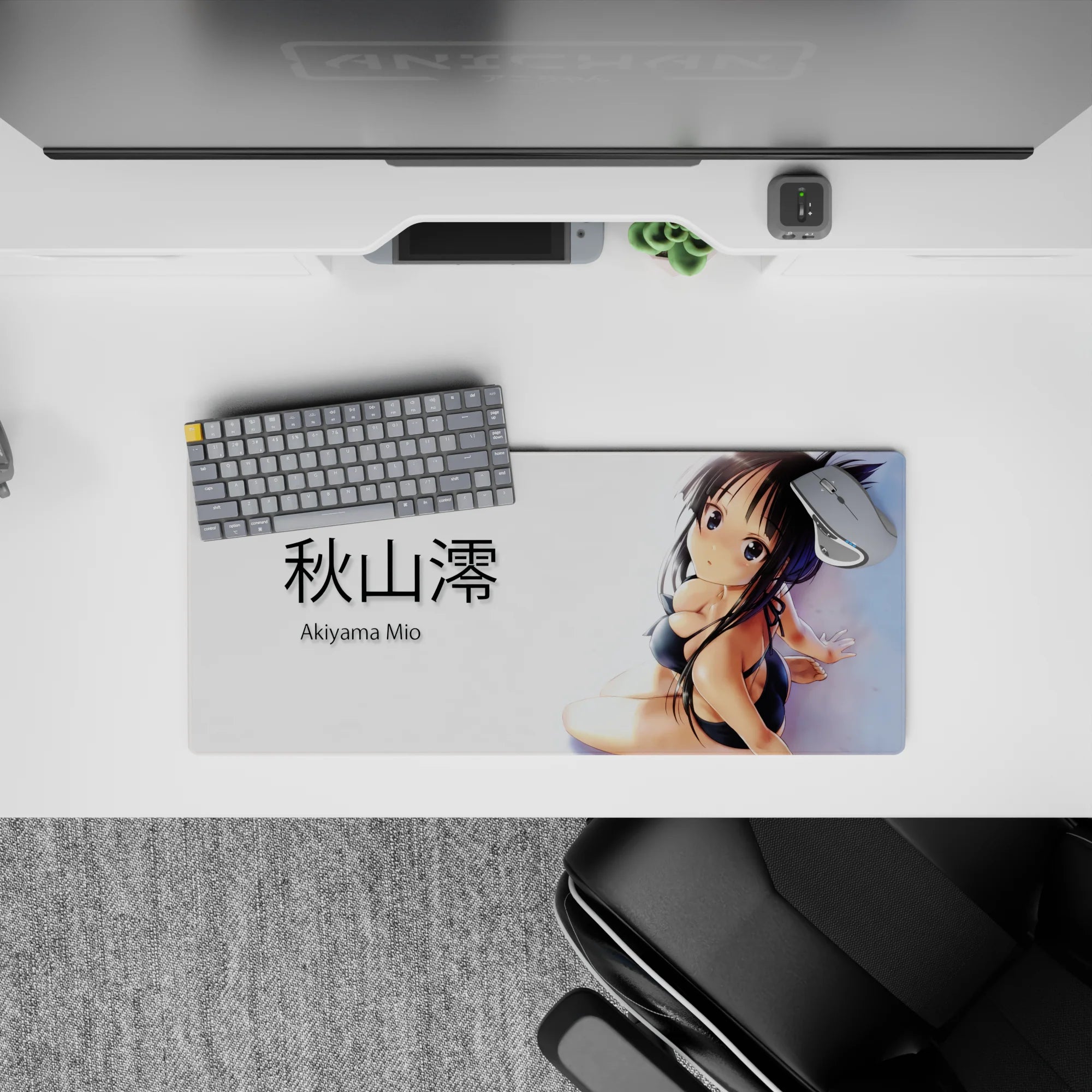 Soft-glow skin highlights, dark hair and ribbon on white, classy teasing anime mouse pad, 28x12 inches.