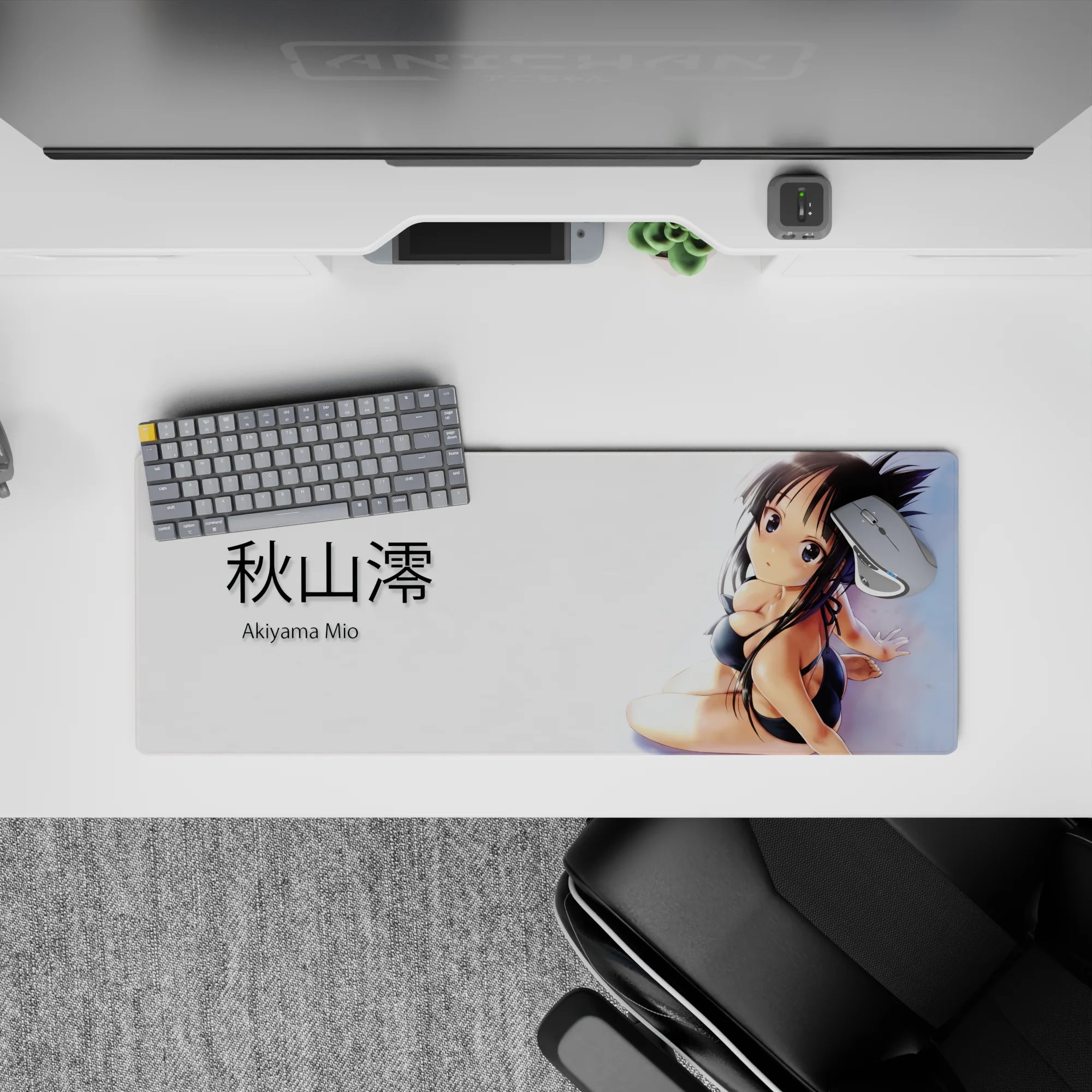 32x12 inches mouse pad in clean white and glossy black, soft highlights, shy flirty anime vibe.