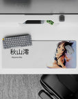 32x12 inches mouse pad in clean white and glossy black, soft highlights, shy flirty anime vibe.