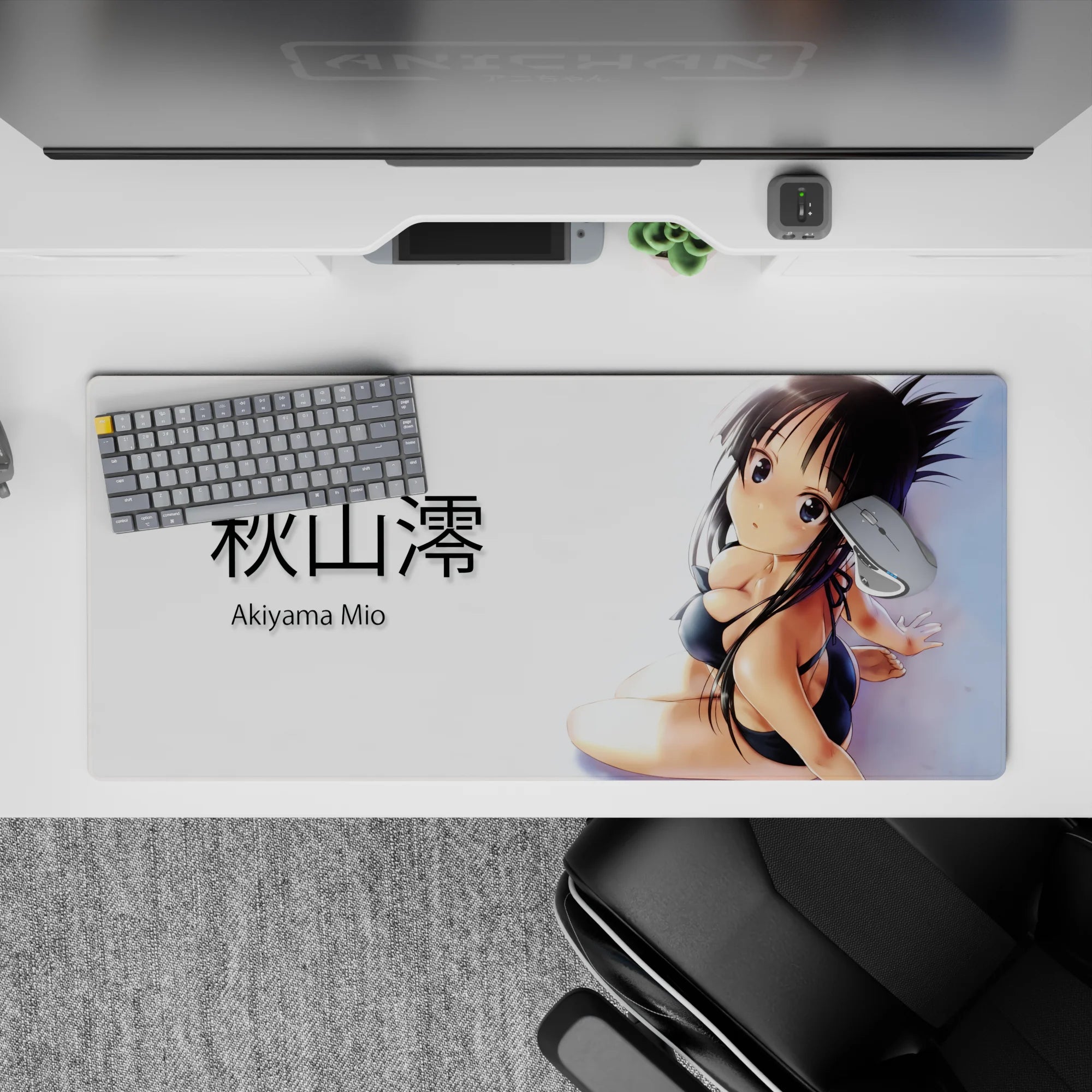36x16 inches desk pad in clean white and glossy black with soft skin highlights, flirty shy anime vibes.