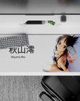36x16 inches desk pad in clean white and glossy black with soft skin highlights, flirty shy anime vibes.