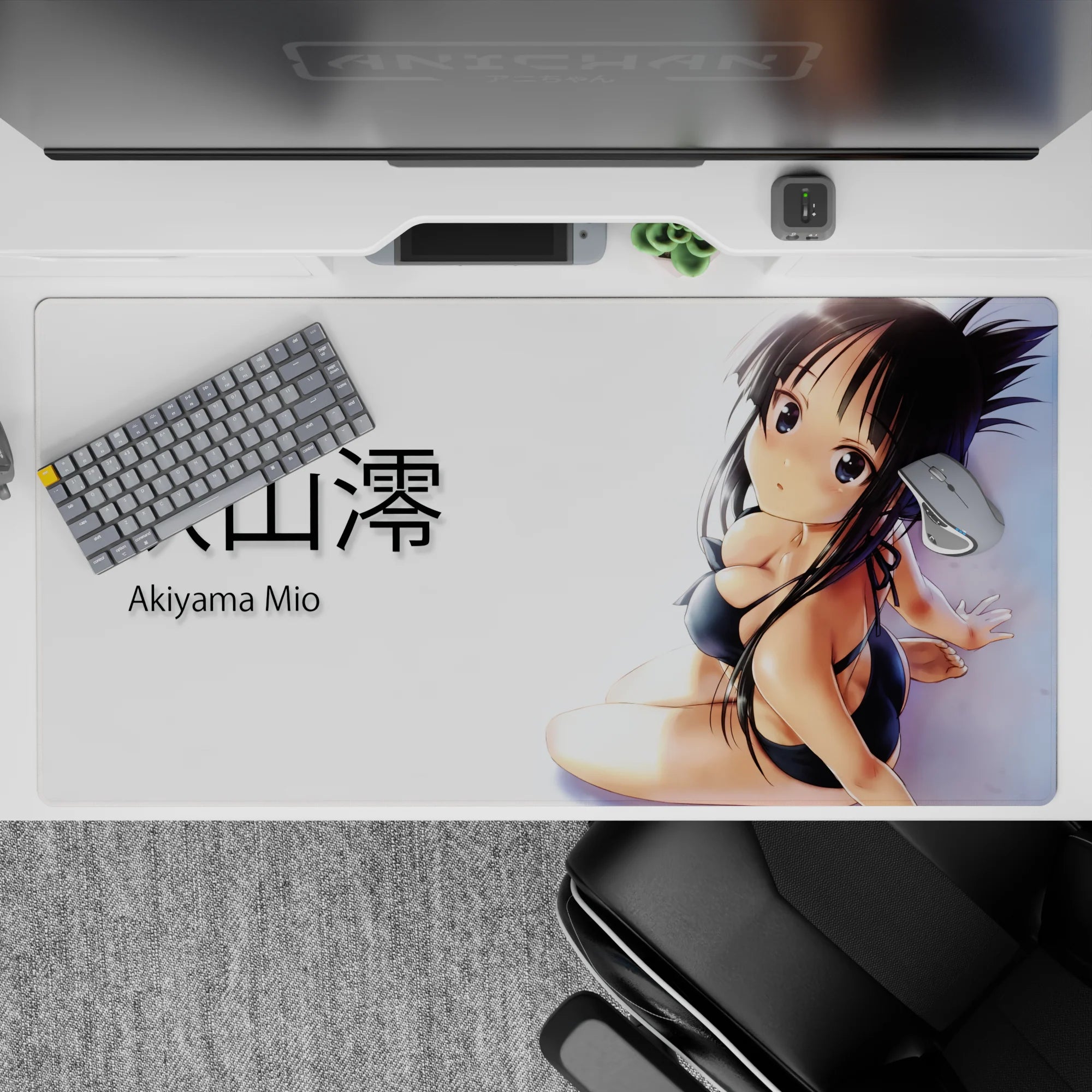 40x20 inches anime desk pad in black-and-white with soft glow highlights and a shy, flirty vibe.