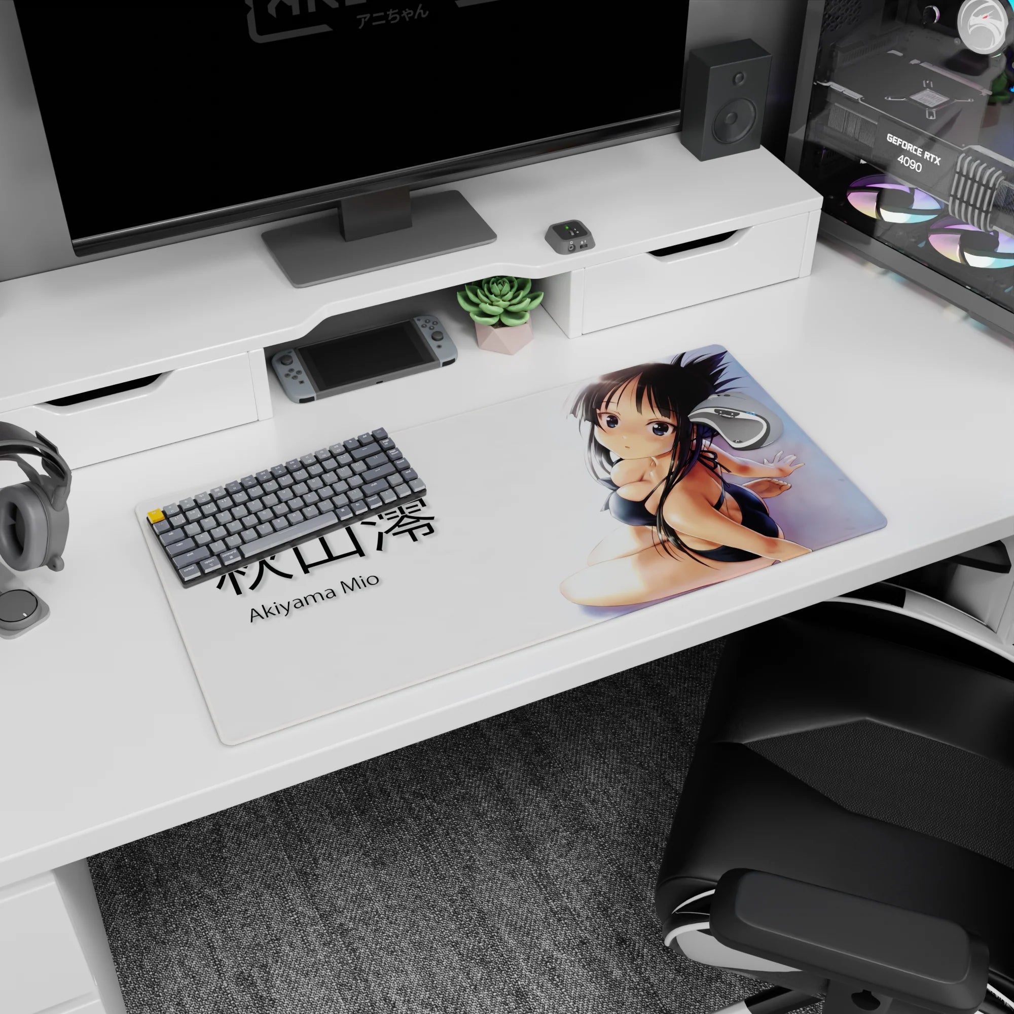 Akiyama Mio seated in a glossy black bikini, over-the-shoulder shy glance anime mouse pad, 32x16 inches.