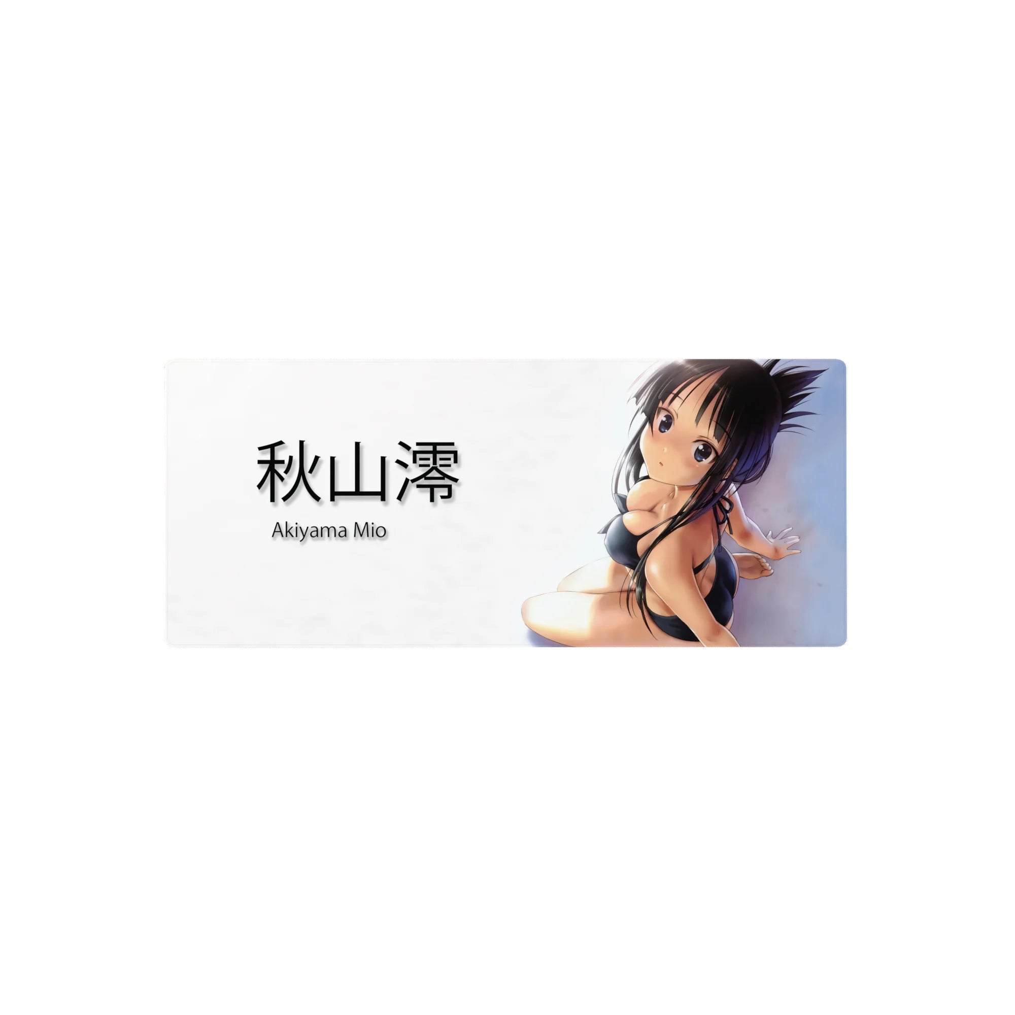 Glossy black bikini anime girl mouse pad with kanji text on a clean white backdrop, 28x12 inches.