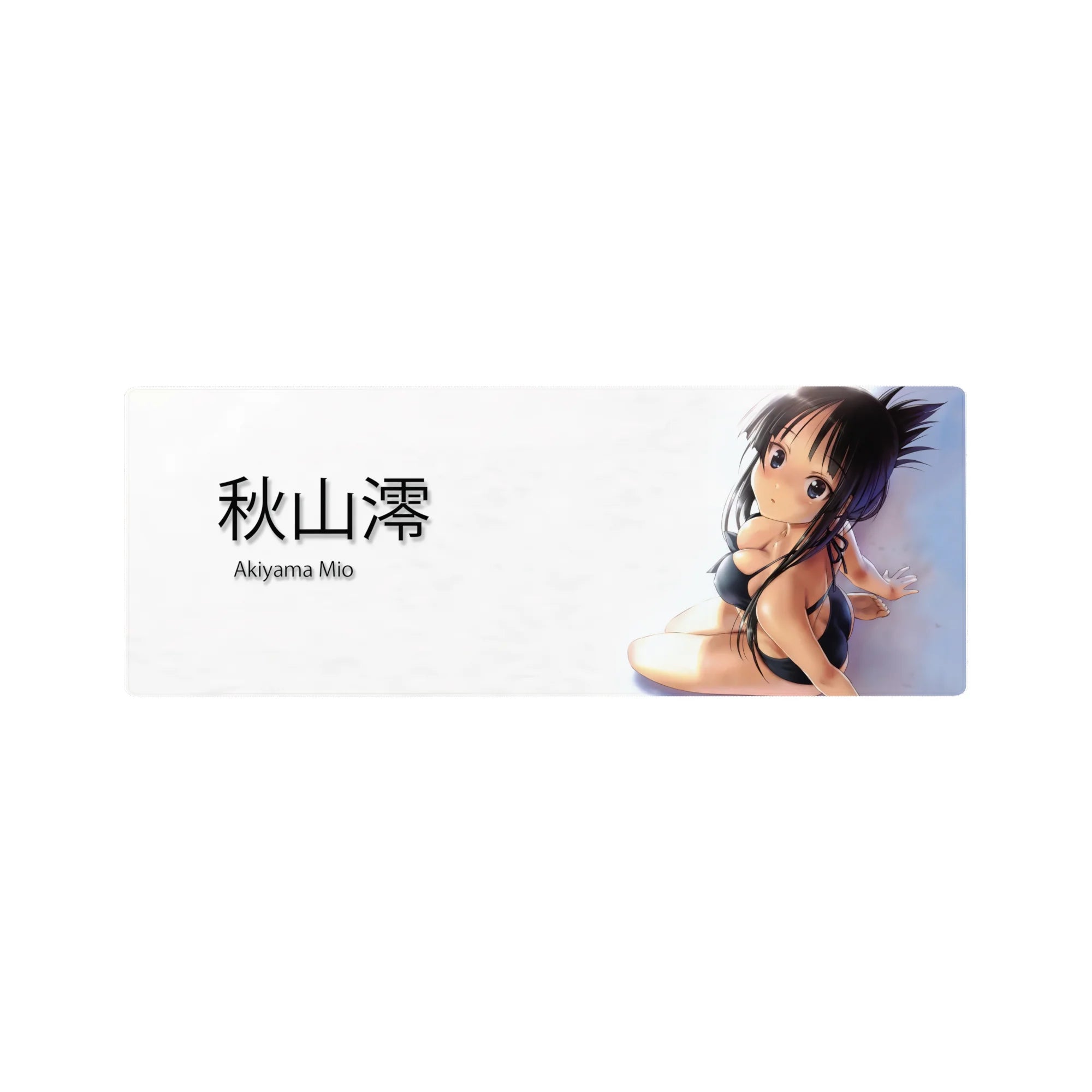 32x12 inches anime girl mouse pad with glossy black bikini pose, long dark hair, kanji text on white.