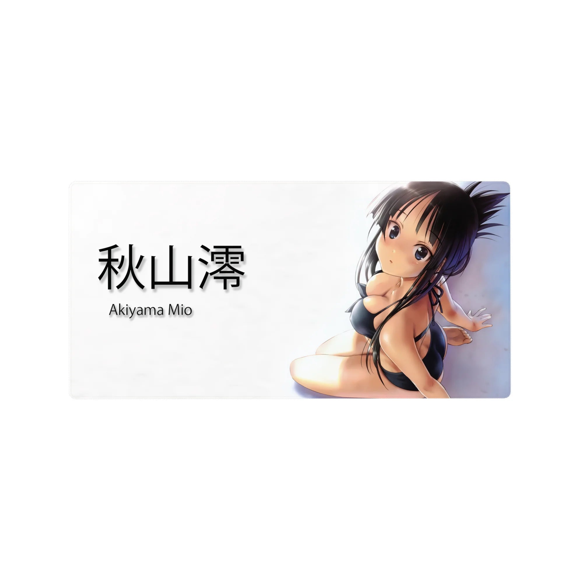 Glossy black bikini anime girl mouse pad with kanji text on a clean white background, 32x16 inches.