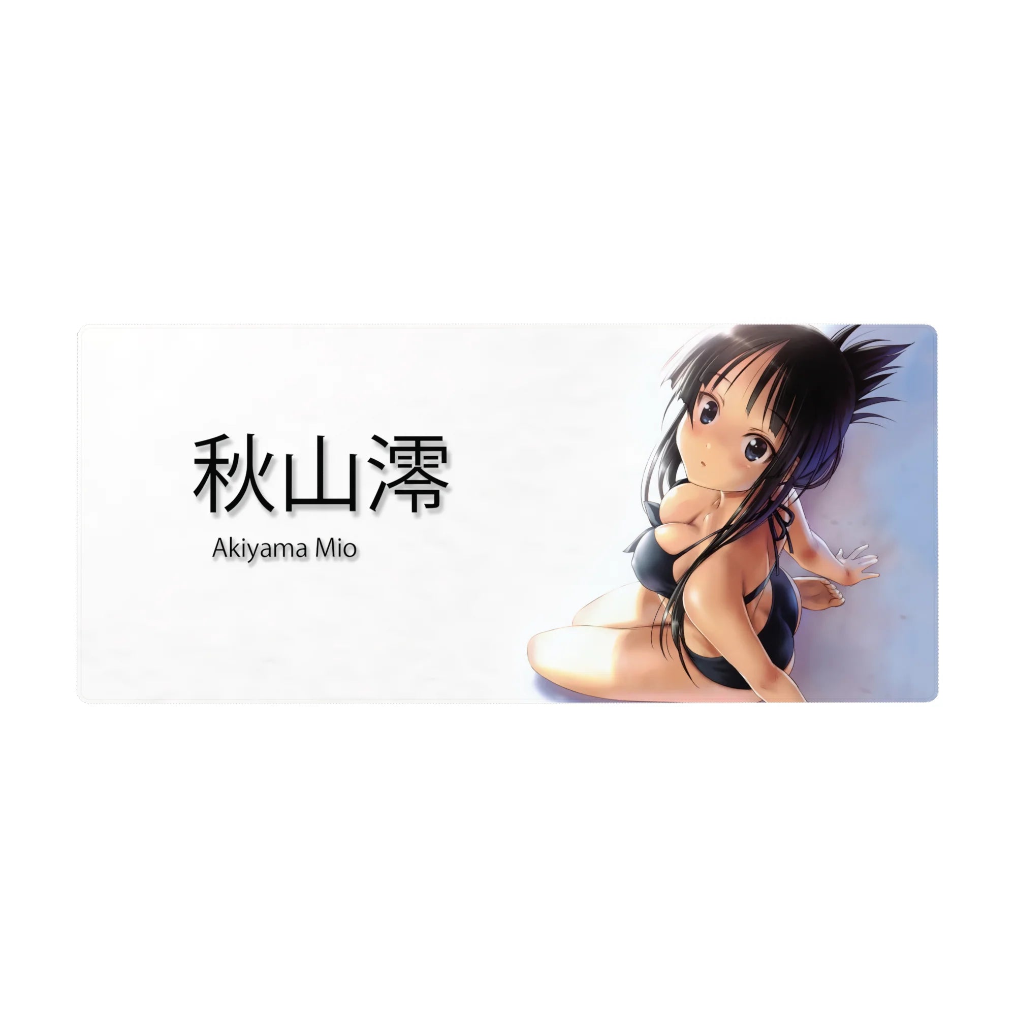 36x16 inches anime girl desk pad with glossy black bikini pose, kanji text, white background, long dark hair.