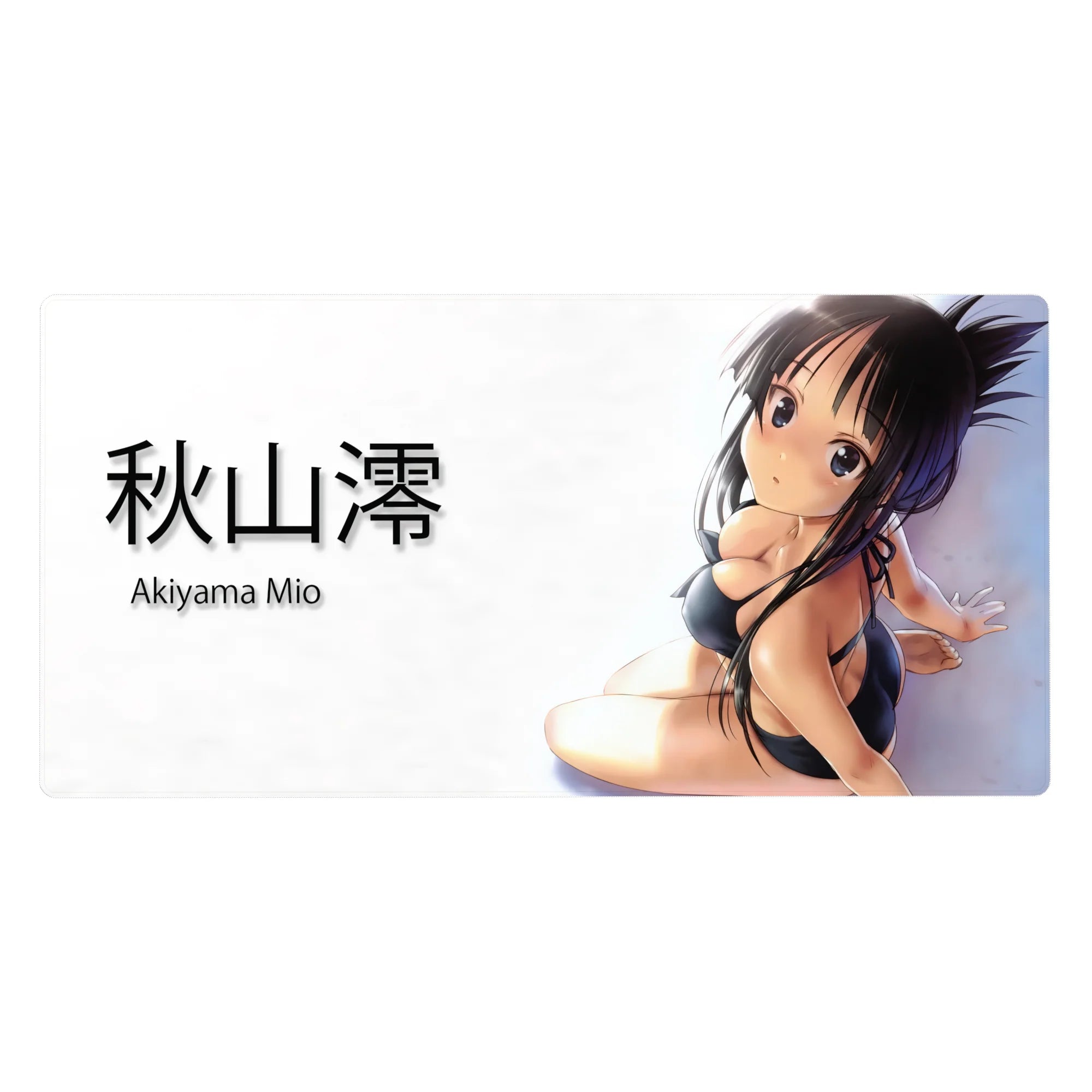 Anime girl desk pad 40x20 inches with glossy black bikini pose, kanji text, white background.
