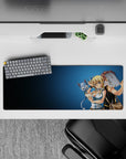 Cool blue backdrop anime mouse pad 32x12 inches with bright characters and warm, mischievous energy.
