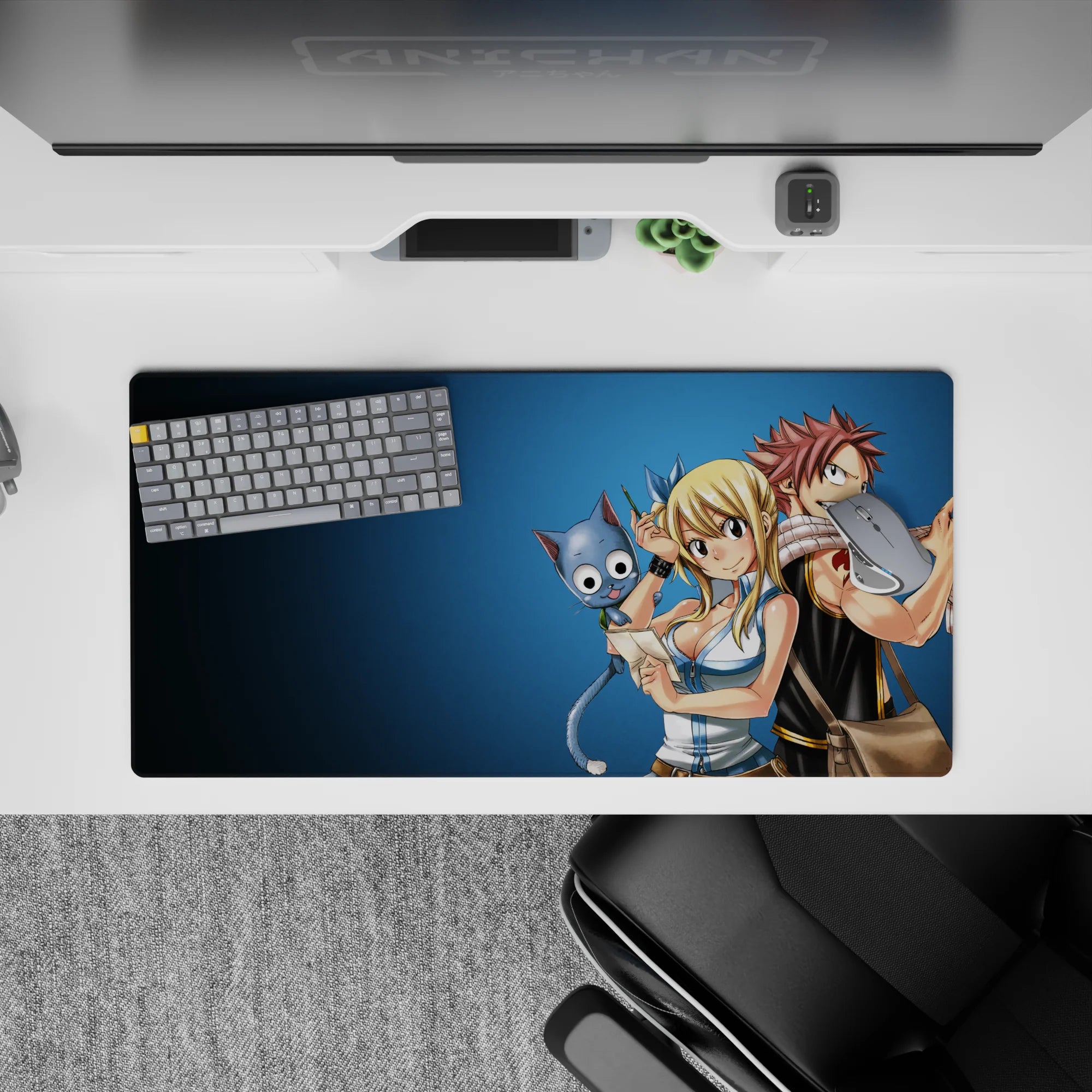 32x16 inches anime mouse pad in cool blue tones, bright character art with warm, playful, chaotic energy.