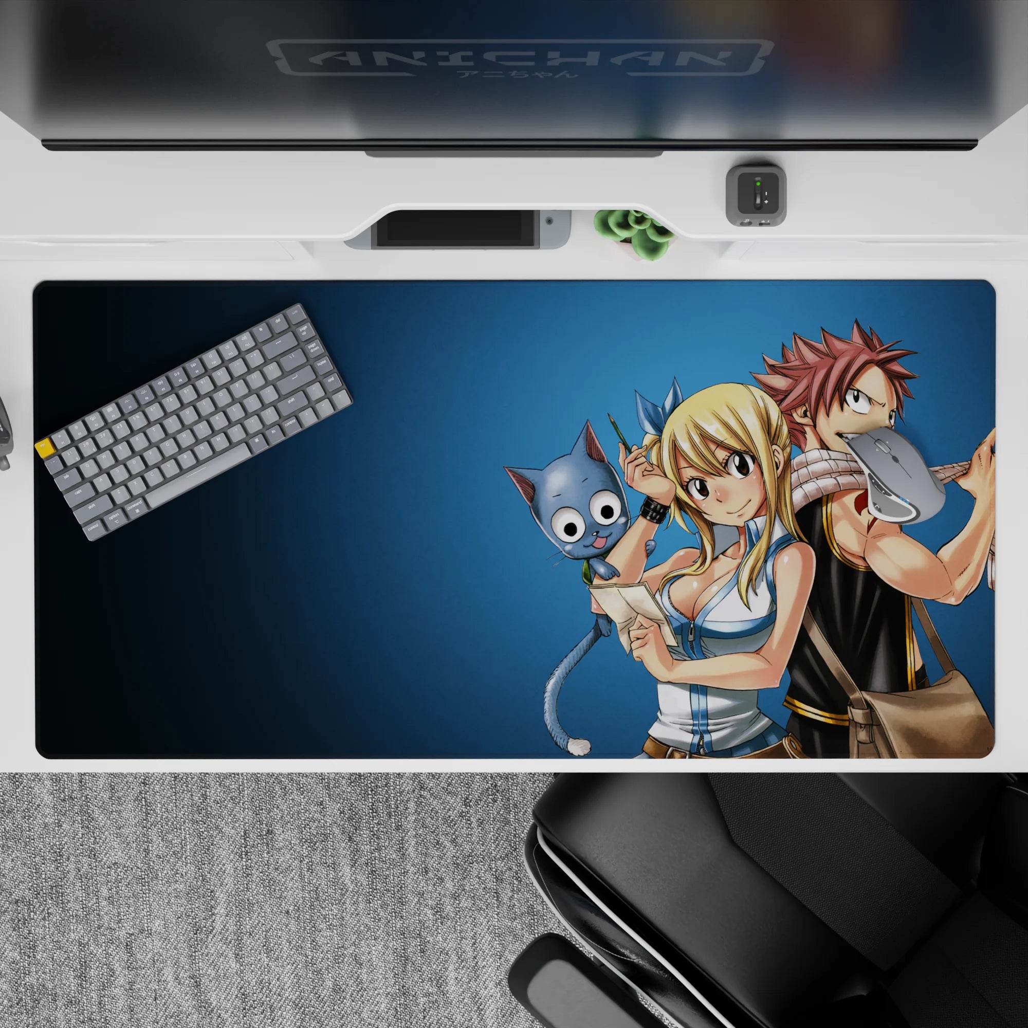 40x20 inches anime desk pad in cool blues, bright crisp print with playful, chaotic adventure vibe.