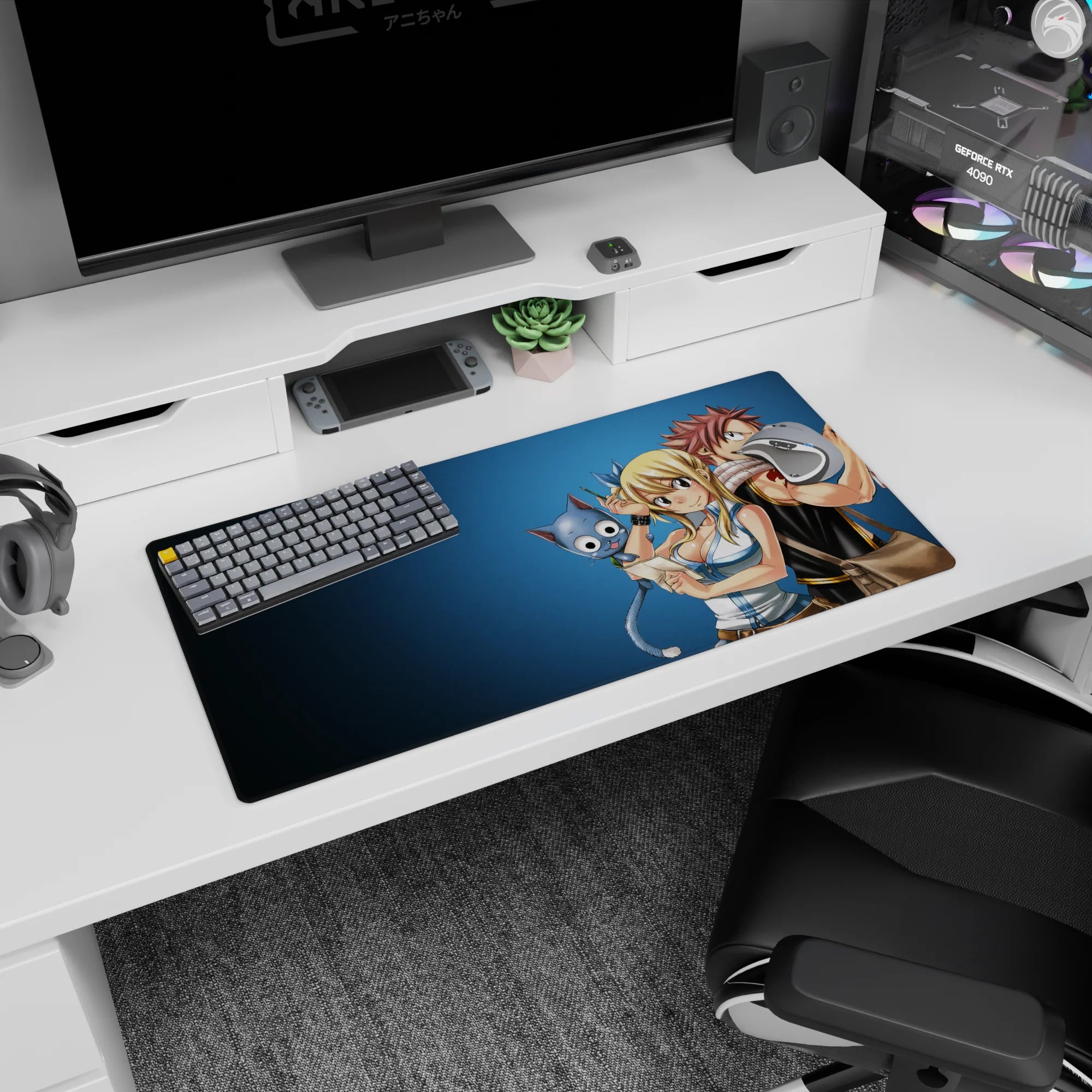 32x16 inches Fairy Tail mouse pad showing Natsu and Lucy sharing a mischievous moment, Happy floating close.