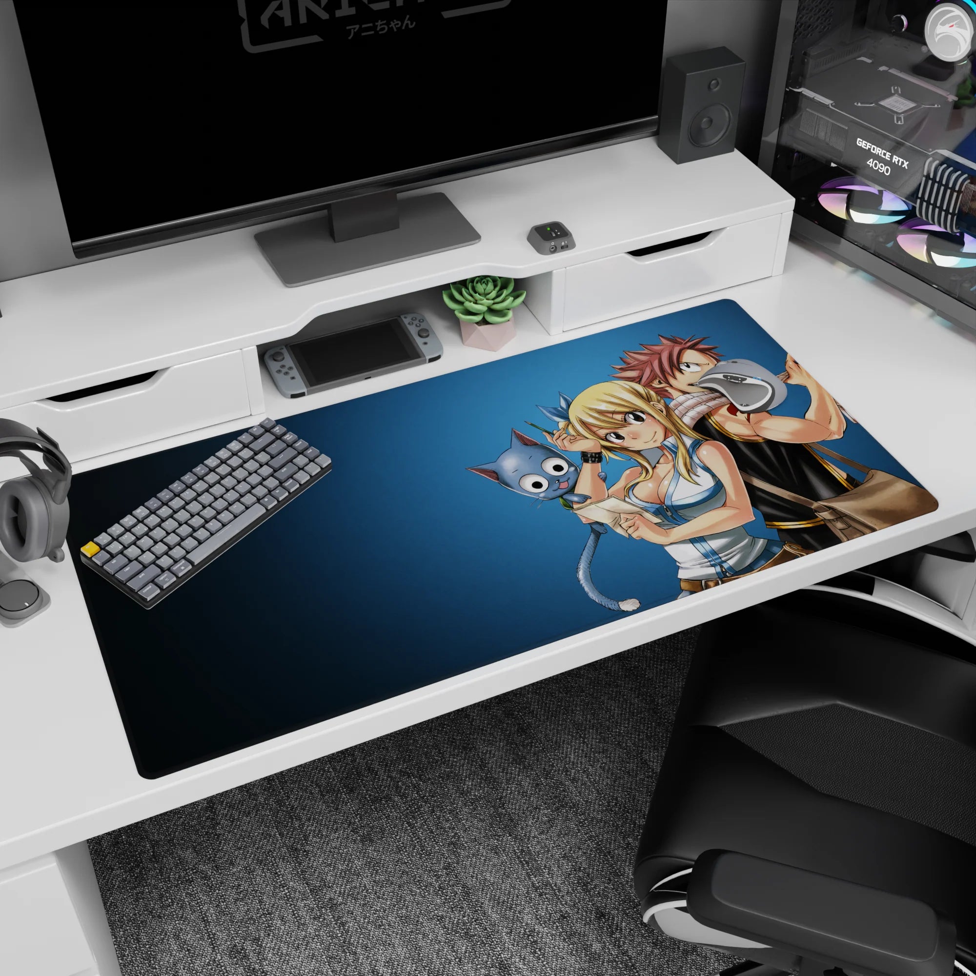 Natsu and Lucy sharing a mischievous moment with Happy floating close on a 40x20 inches desk pad.
