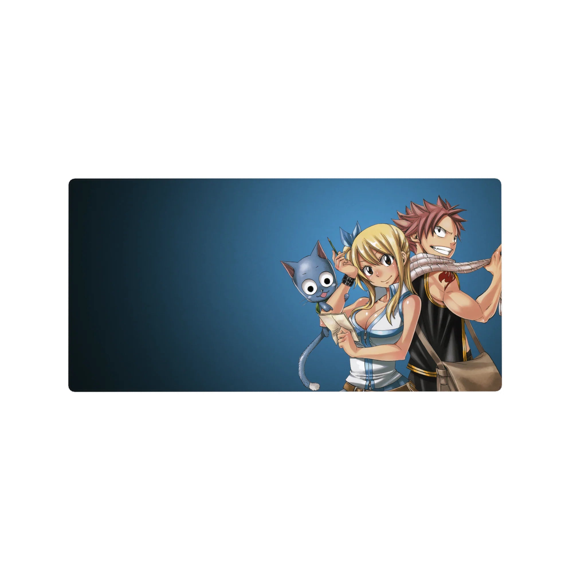 32x16 inches anime mouse pad with Natsu and Lucy plus Happy on a cool blue background, crisp print.