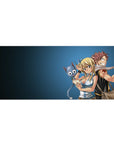 36x16 inches anime desk pad with Natsu, Lucy and Happy on a cool blue backdrop, crisp character print.