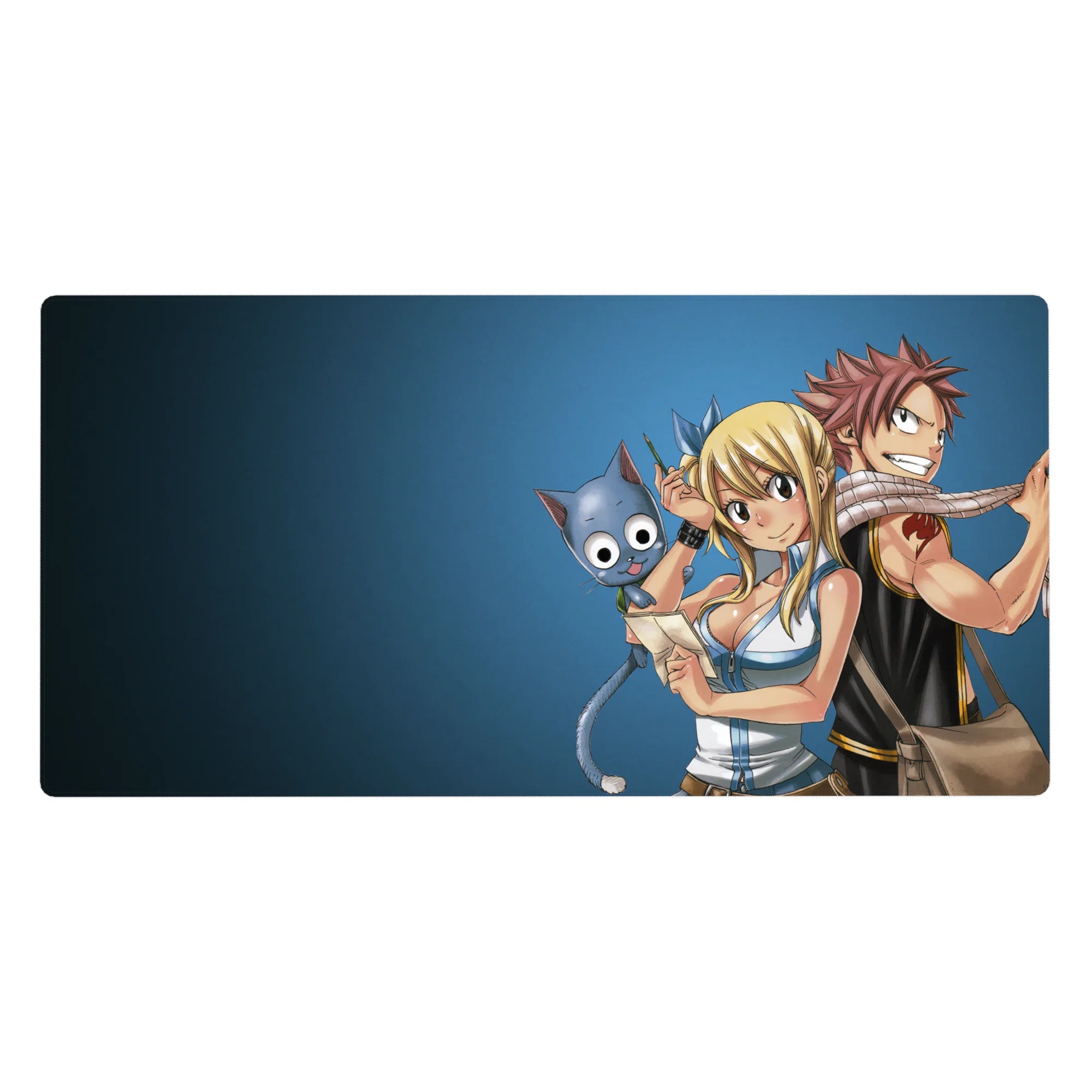 Fairy Tail anime desk pad 40x20 inches with Natsu, Lucy and Happy on a cool blue backdrop.