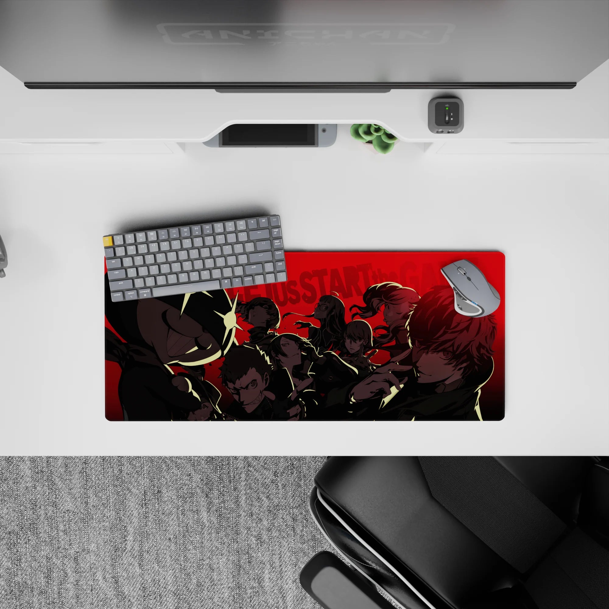Persona 5 Royal anime mouse pad, 28x12 inches, featuring Phantom Thieves and Morgana with a striking red background.
