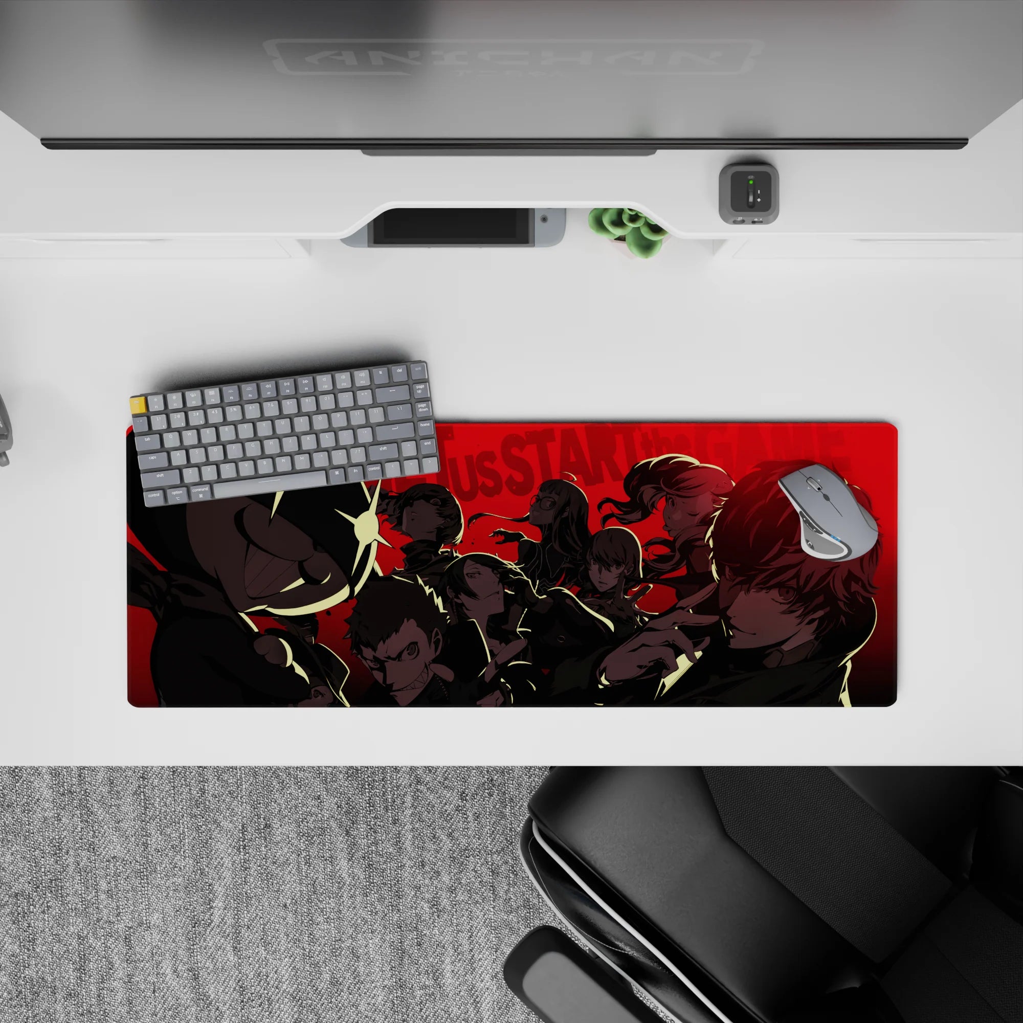 Persona 5 Royal 32x12 inch mouse pad featuring Phantom Thieves, Morgana front and center, with a dramatic red noir backdrop.