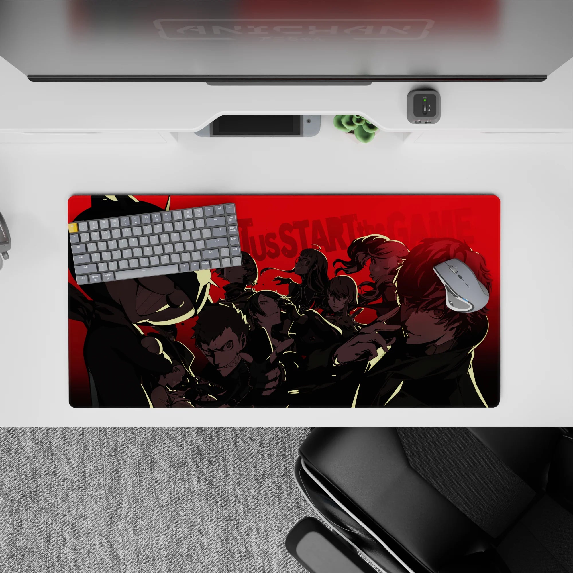 Persona 5 Royal mouse pad, 32x16 inches. Features Phantom Thieves in noir style with Morgana leading, red backdrop adds urgency.