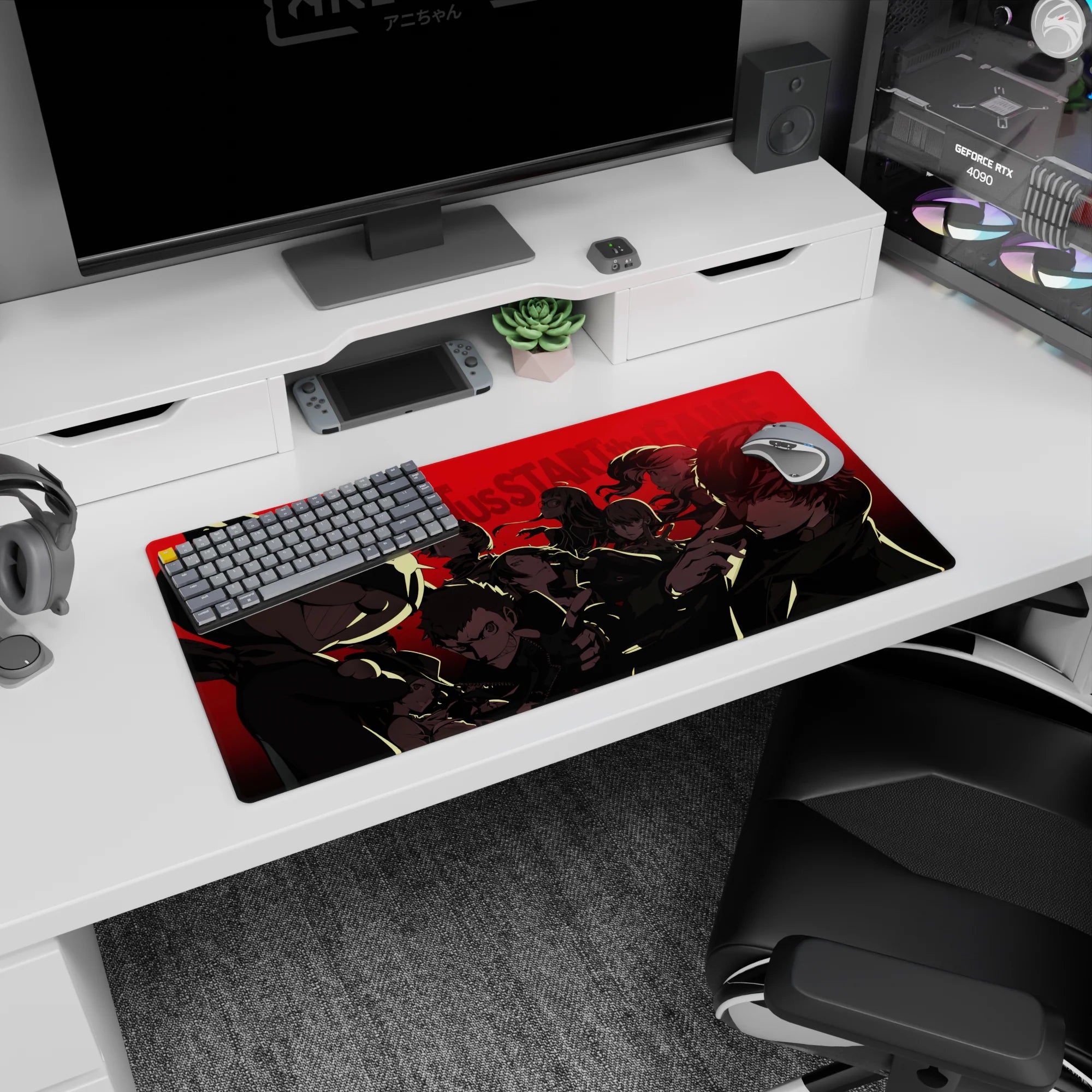 Persona 5 Royal mouse pad 32x16 inches, featuring Phantom Thieves in noir style with Morgana in spotlight on red background.