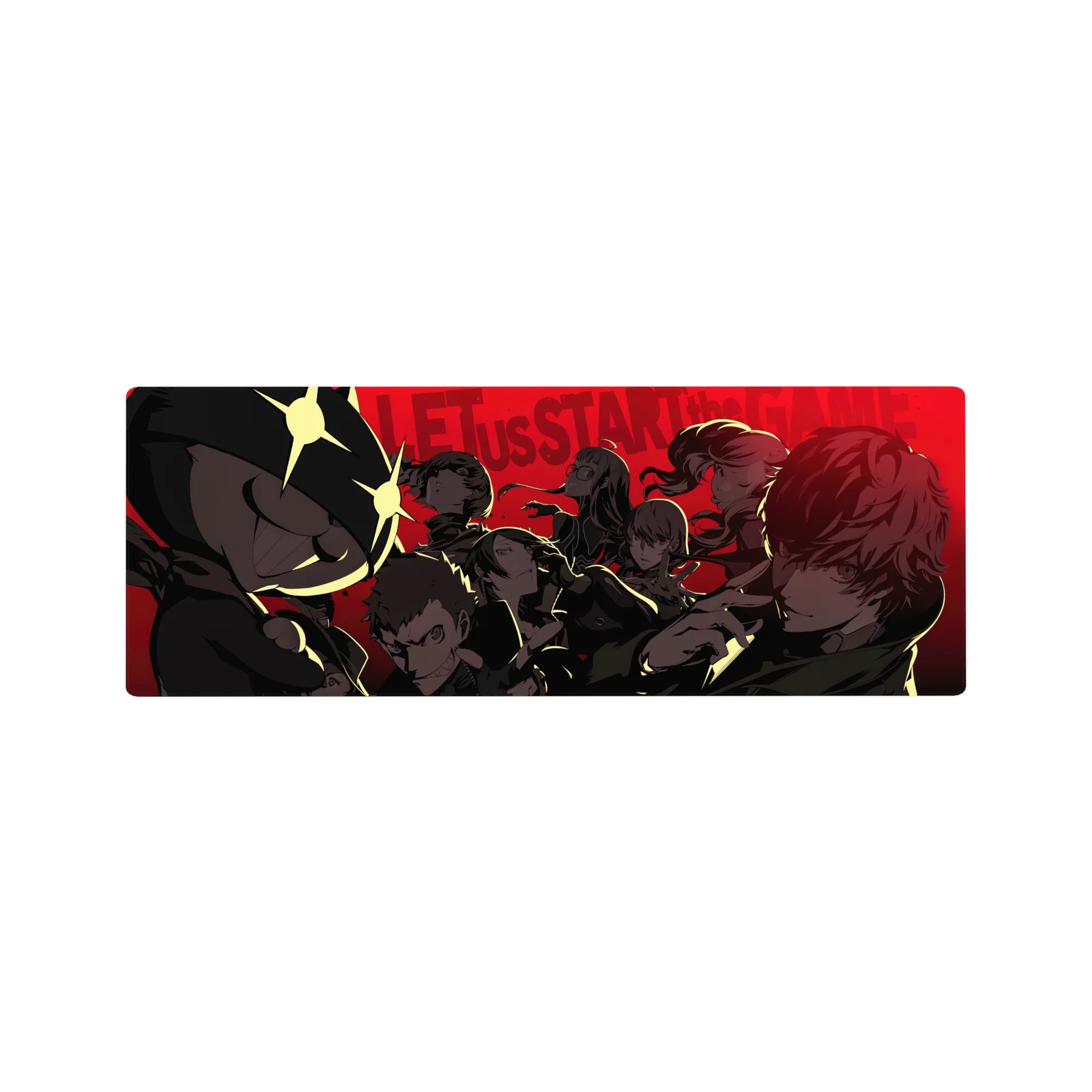 Persona 5 Royal anime mouse pad, 32x12 inches, featuring Phantom Thieves with Morgana in front, red background, noir style.