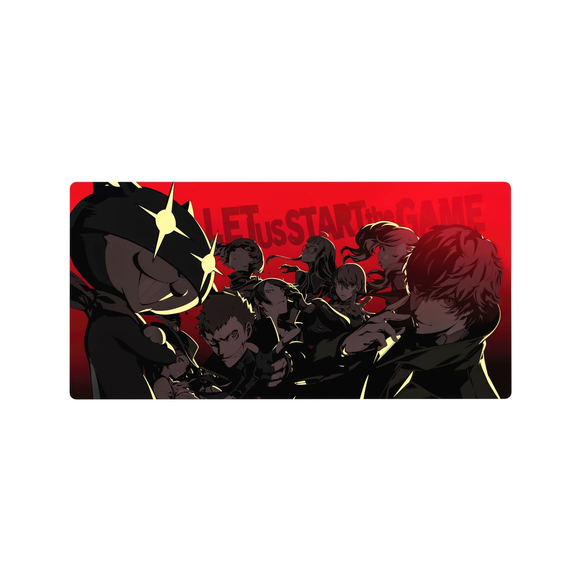 Persona 5 Royal mouse pad, 32x16 inches, features Phantom Thieves in noir style with Morgana, red backdrop, and bold vibes.