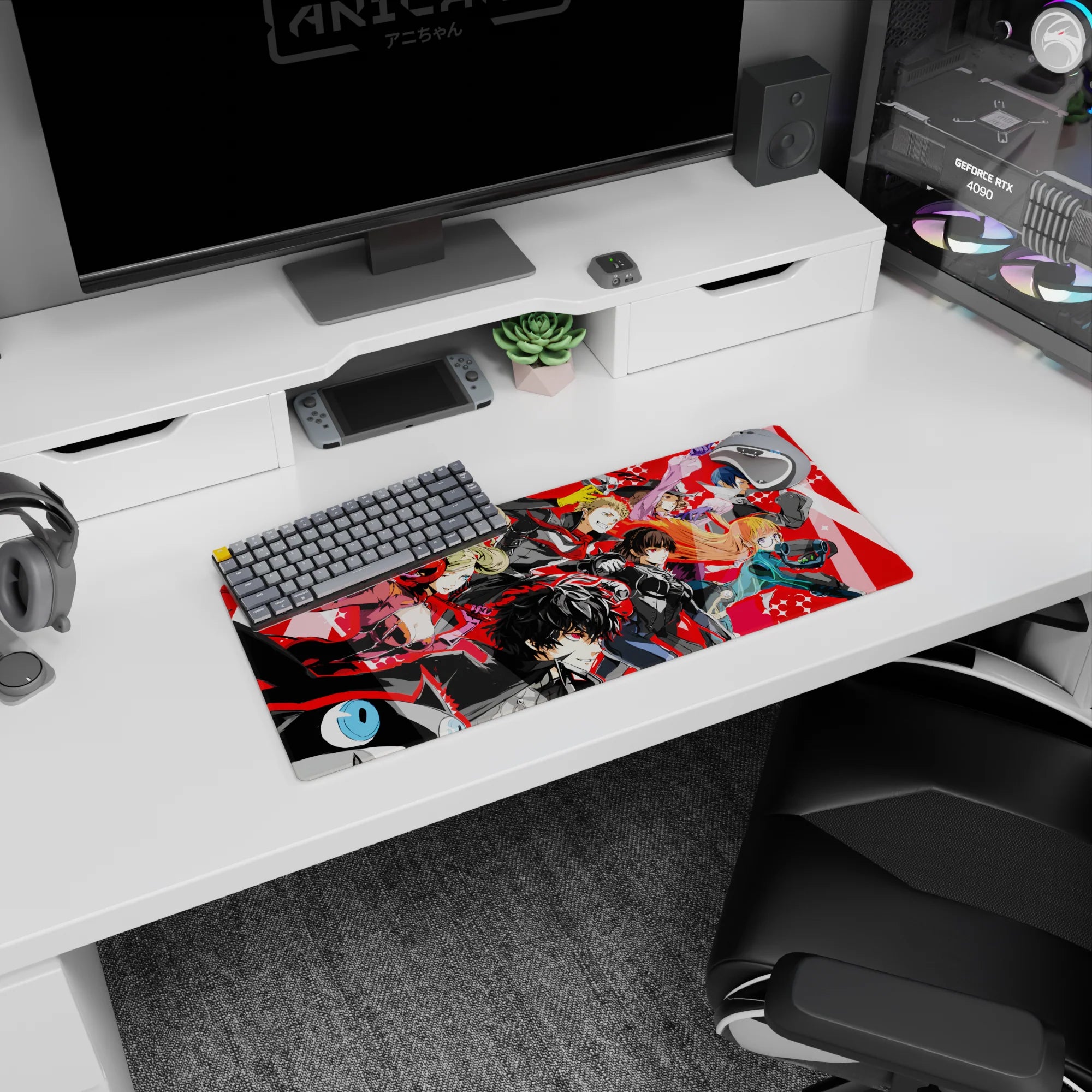 Anime mouse pad 28x12 inches featuring Persona 5 Royal&#39;s Phantom Thieves squad, led by Joker in a dynamic scene.