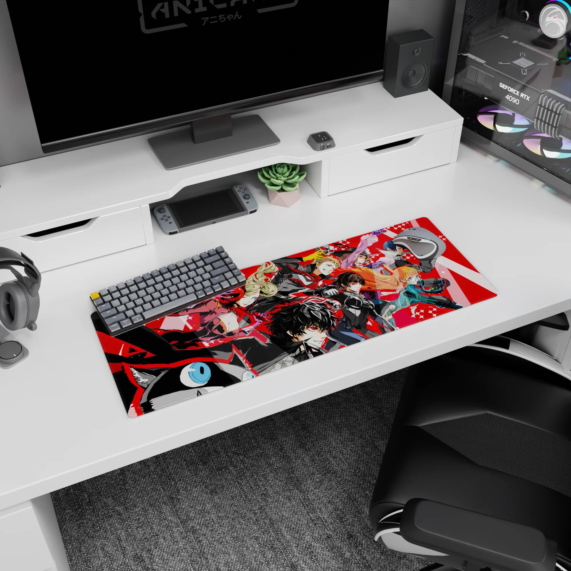 Anime mouse pad 32x12 inches featuring Persona 5 Royal&#39;s Phantom Thieves: Joker, Ann, Ryuji, Makoto, and Futaba.