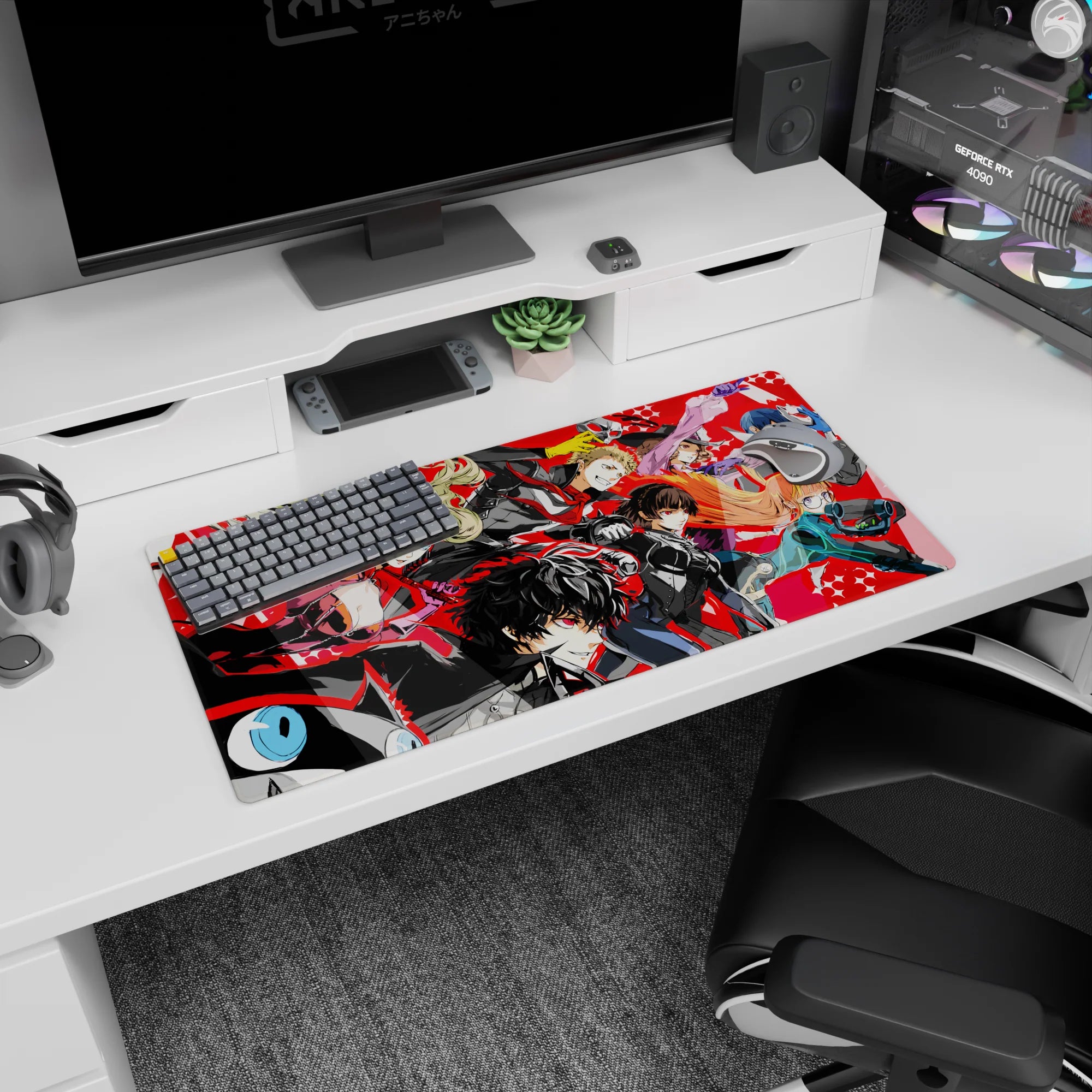 Anime mouse pad 32x16 inches featuring Persona 5 Royal&#39;s Phantom Thieves squad led by Joker in vibrant action.