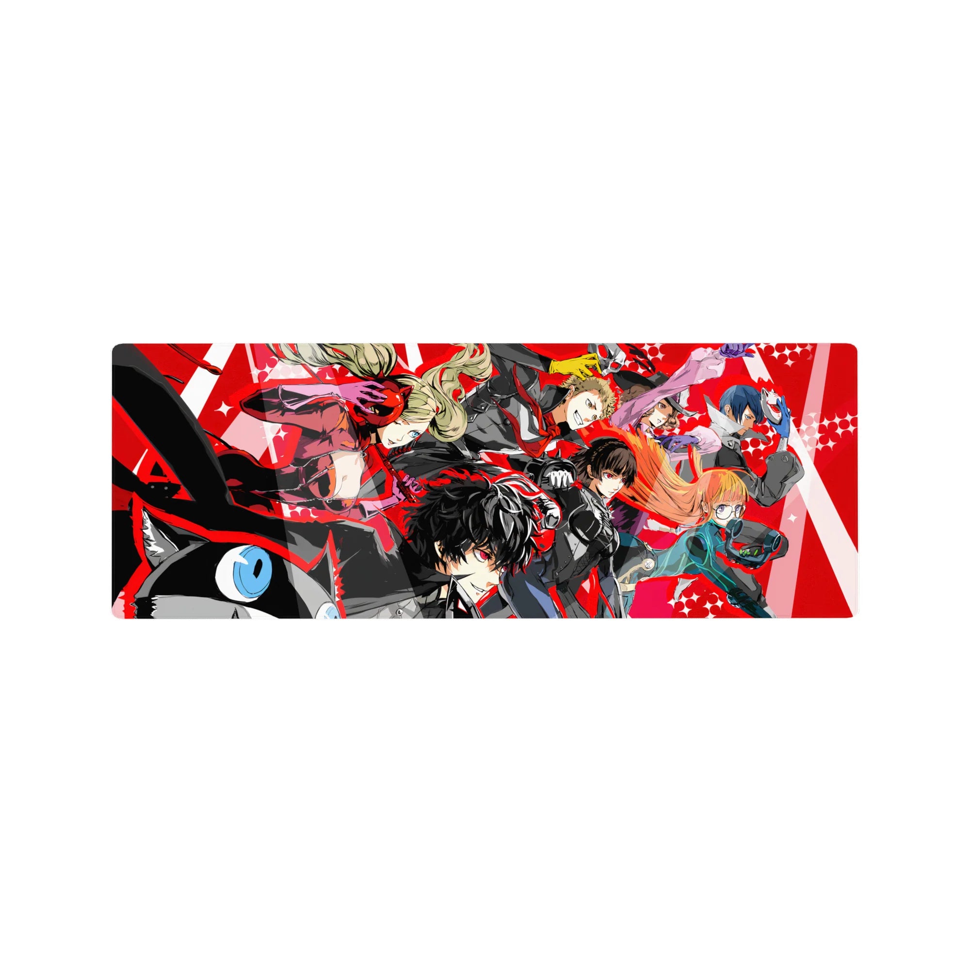 Persona 5 Royal anime mouse pad 32x12 inches featuring Joker, Ann, Ryuji, Makoto, Futaba in dynamic red and black design.