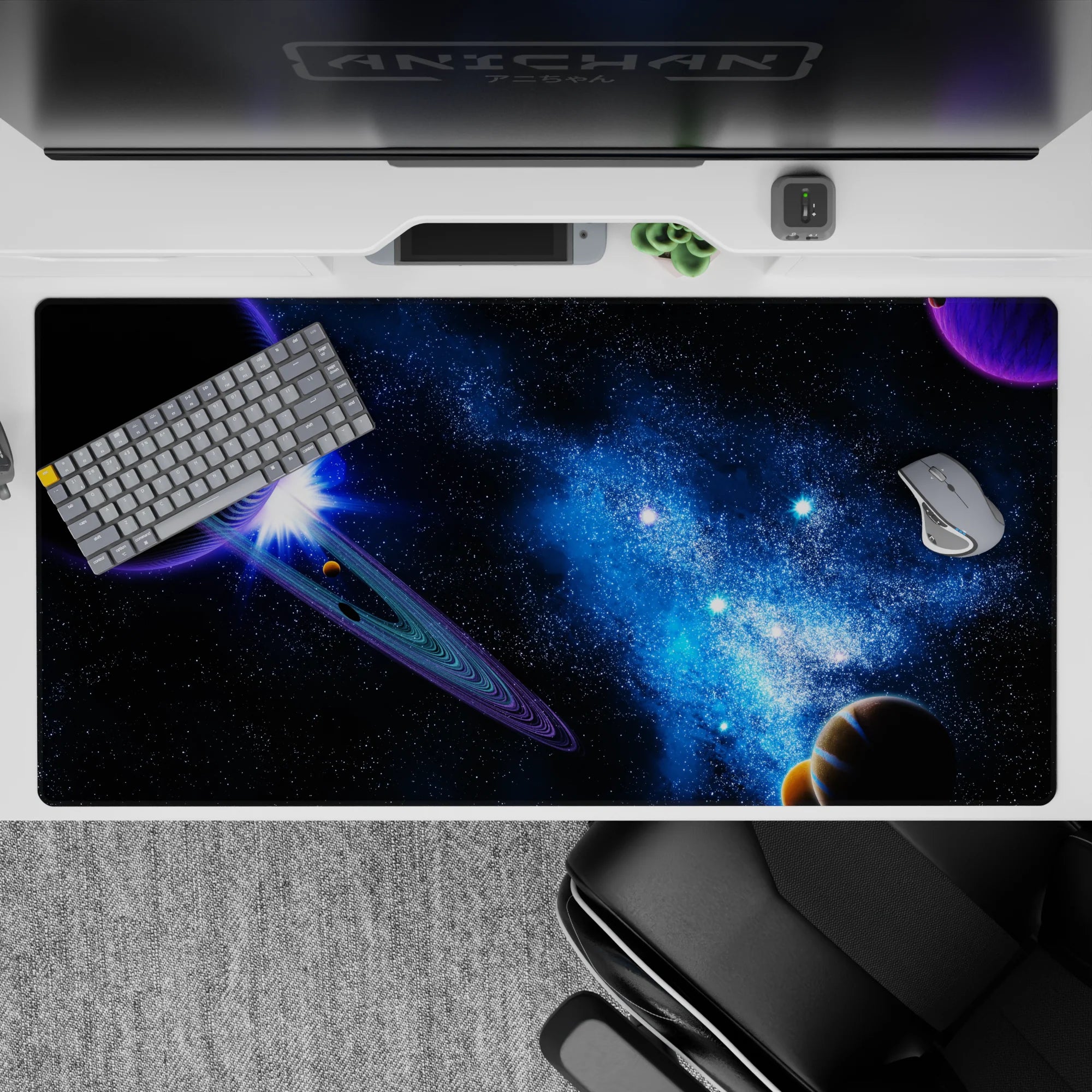 Midnight black and electric blue desk pad 40x20 inches with soothing violet glow space vibes.